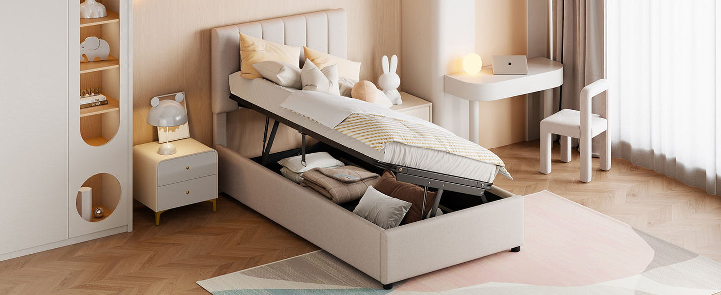 Twin Size Upholstered Platform Bed With A Hydraulic Storage System - Beige