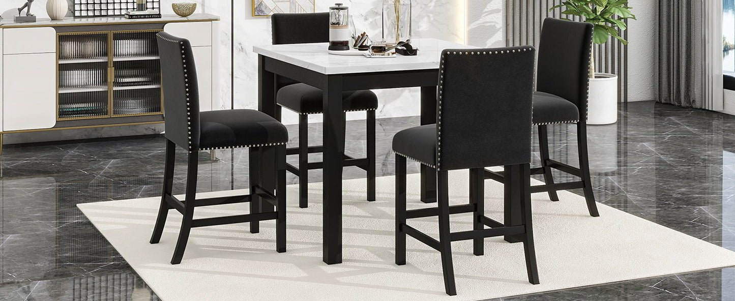 5-Piece Counter Height Dining Table Set With One Faux Marble Top Dining Table And Four Velvet Upholstered Chairs - Black