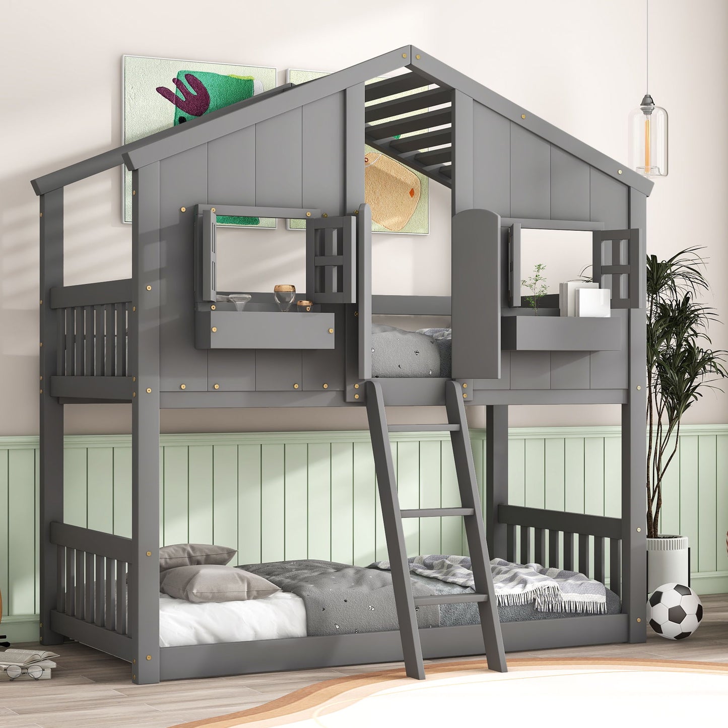 Twin Over Twin House Bunk Bed With Roof, Window, Window Box, Door, With Safety Guardrails And Ladder - Gray