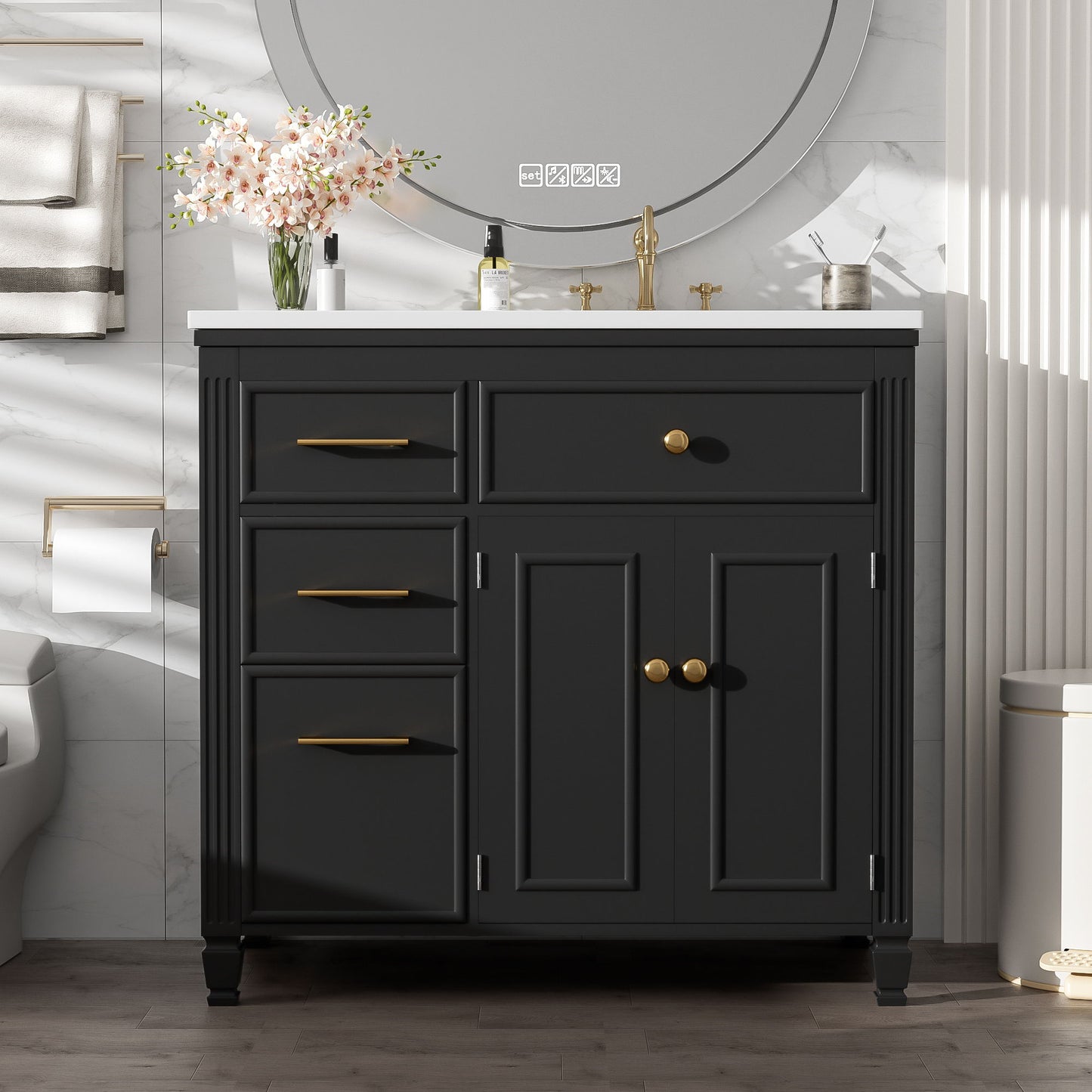Modern Bathroom Vanity With Ceramic Sink, Freestanding, One Tip - Out Drawer, 3 Side Drawers, Adjustable Shelf - Beige
