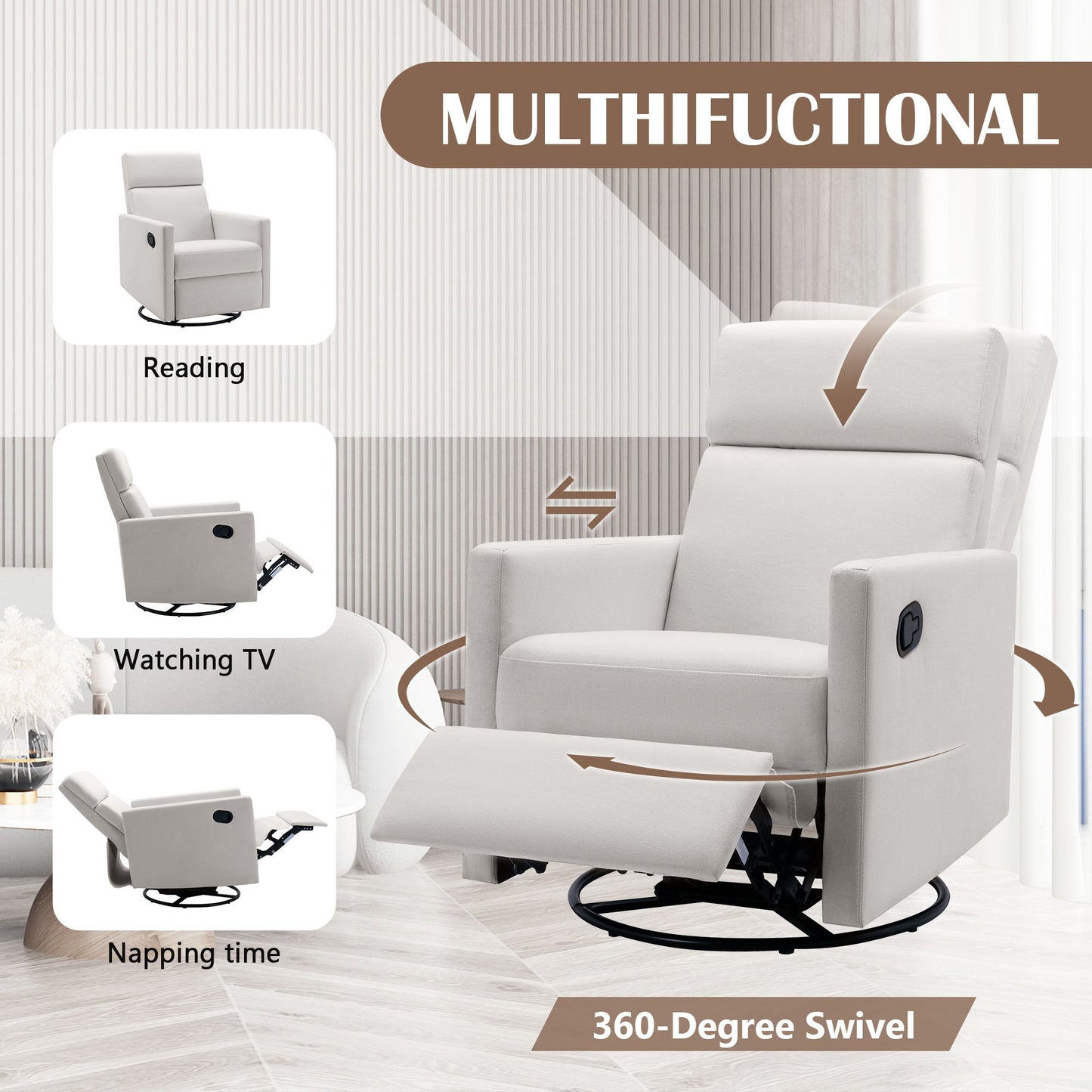 Modern Upholstered Rocker Nursery Chair Plush Seating Glider Swivel Recliner Chair - Beige
