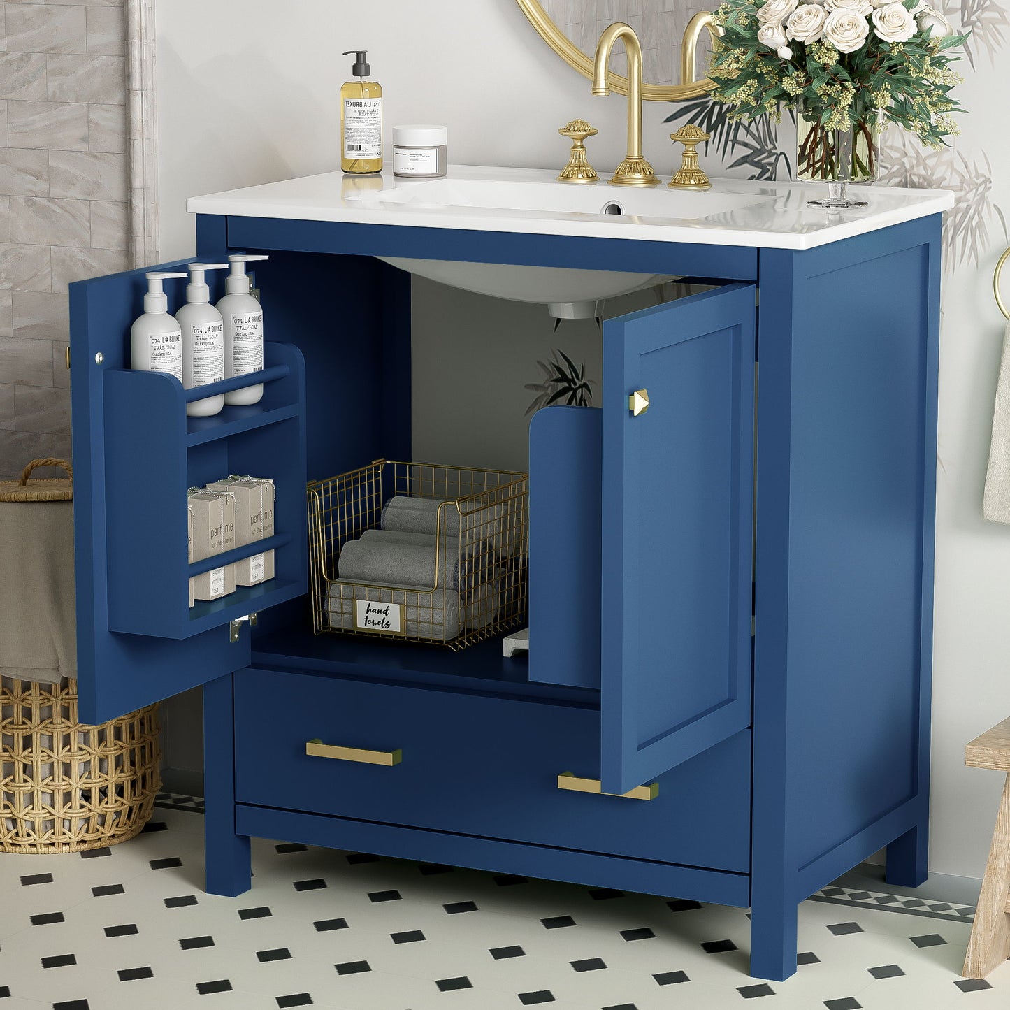Bathroom Vanity With Single Sink, Combo Cabinet Undermount Sink, Bathroom Storage Cabinet With 2 Doors And A Drawer, Soft Closing, Multifunctional Storage, Solid Wood Frame - Blue