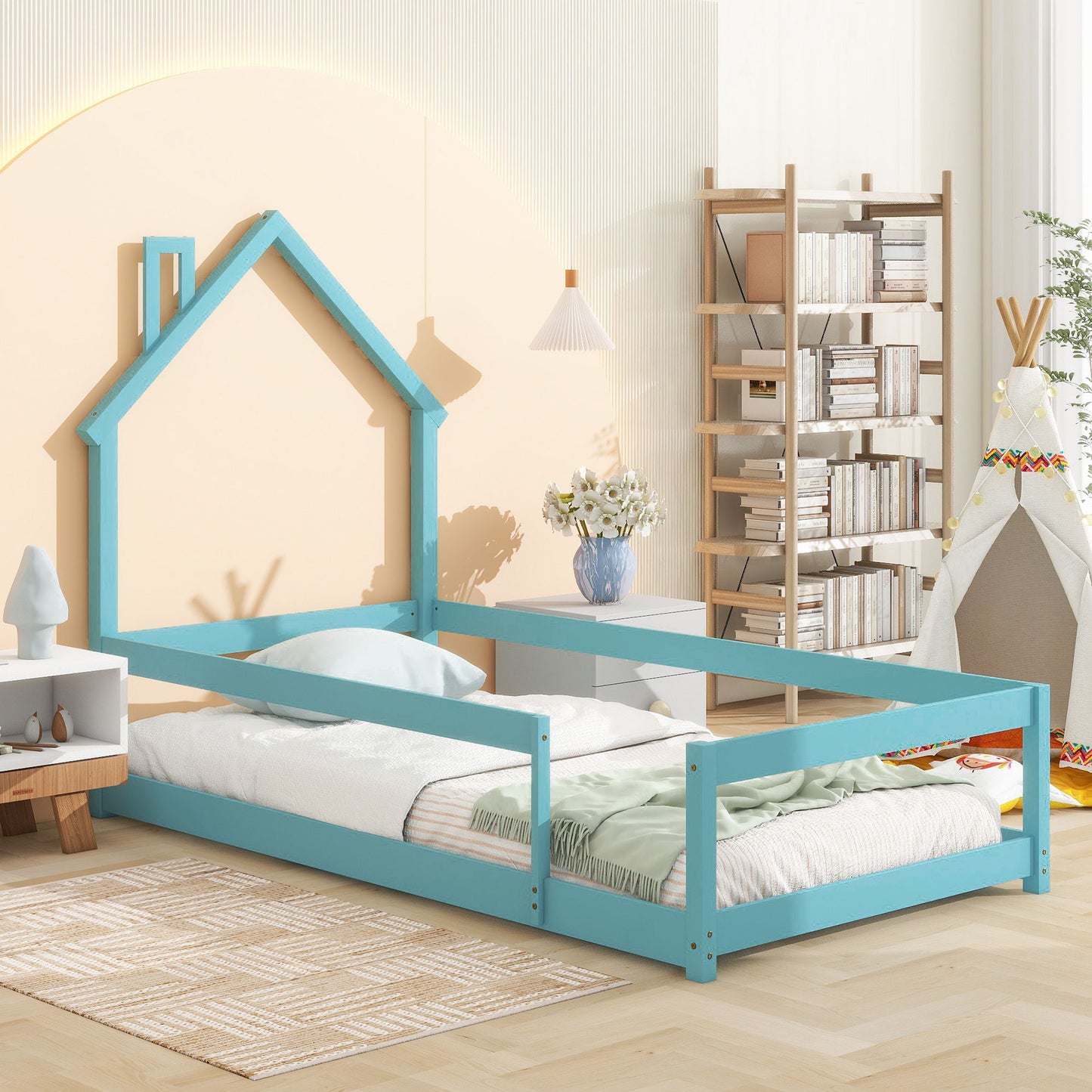 Twin Size Wood Bed With House-Shaped Headboard Floor Bed With Fences - Light Blue