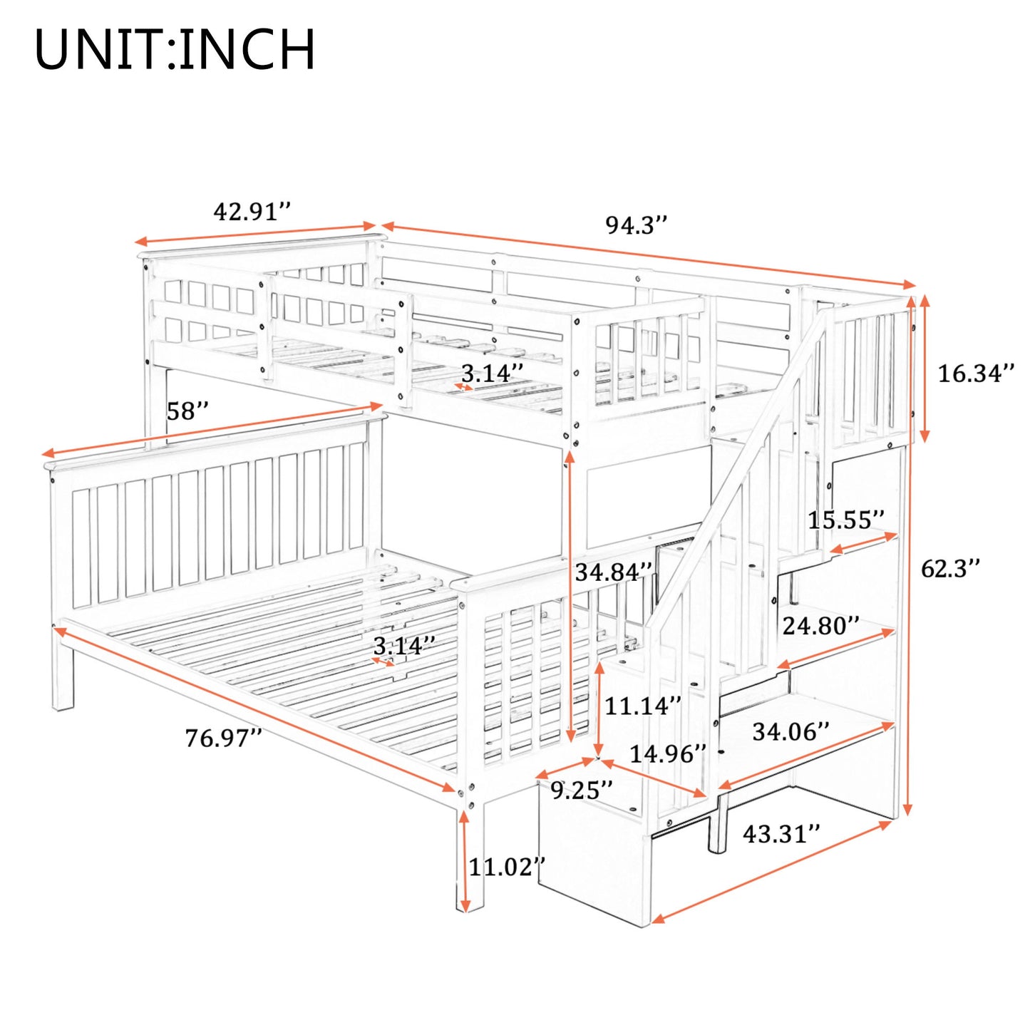 Twin Over Full Bunk Bed Stairway With Storage And Guard Rail For Bedroom - White