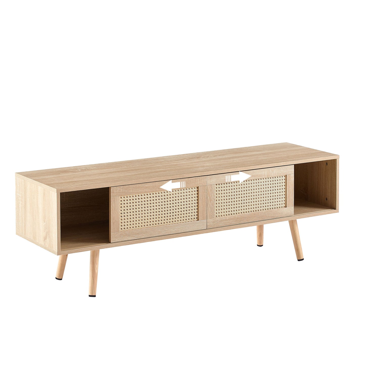 55.12" Rattan TV Cabinet, Double Sliding Doors For Storage, Adjustable Shelf, Solid Wood Legs, TV Console For Living Room - Natural