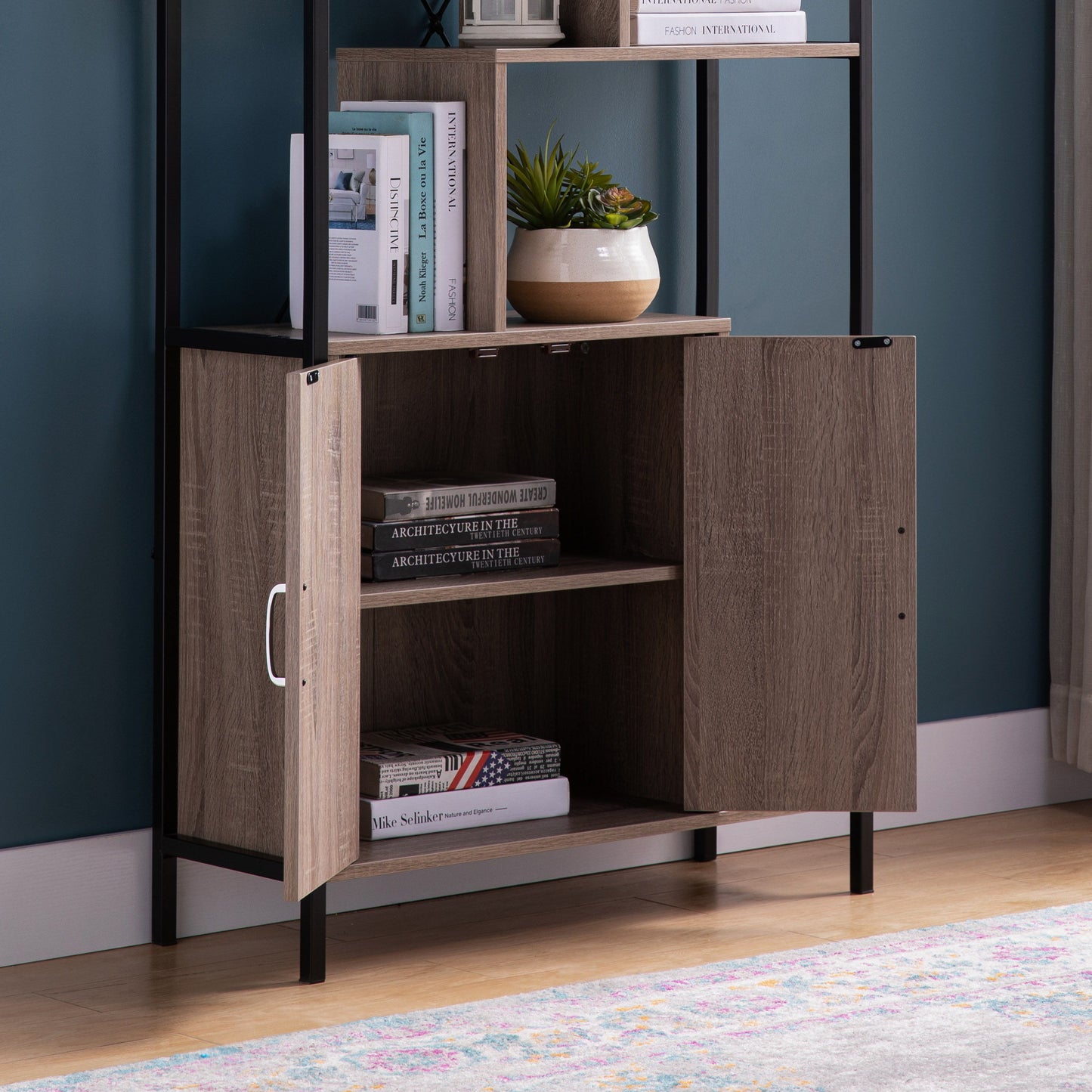 Six Shelf Modern Bookcase With Two Door Storage Cabinet With Two Shelves - Brown / Black