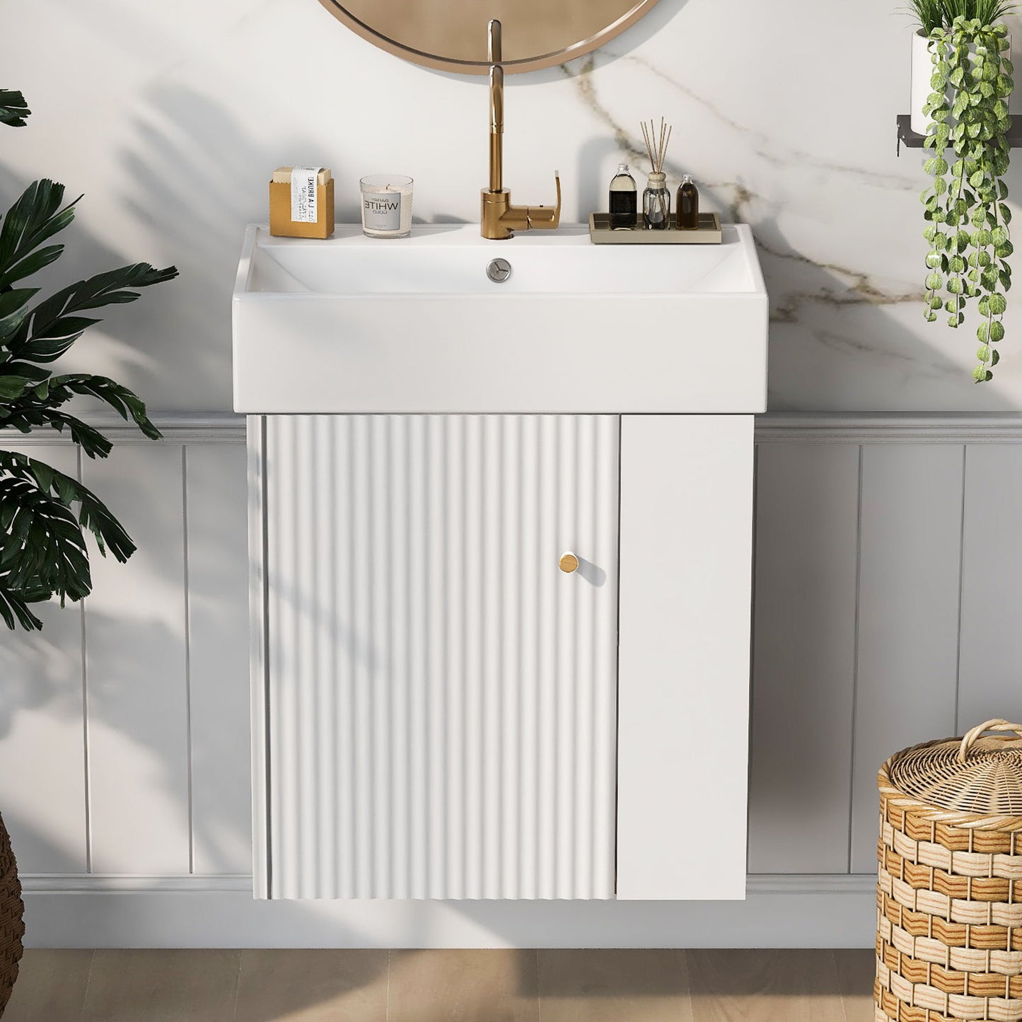 Modern Floating Bathroom Vanity With Ceramic Basin Perfect For Small Bathrooms, Right Side Storage - White