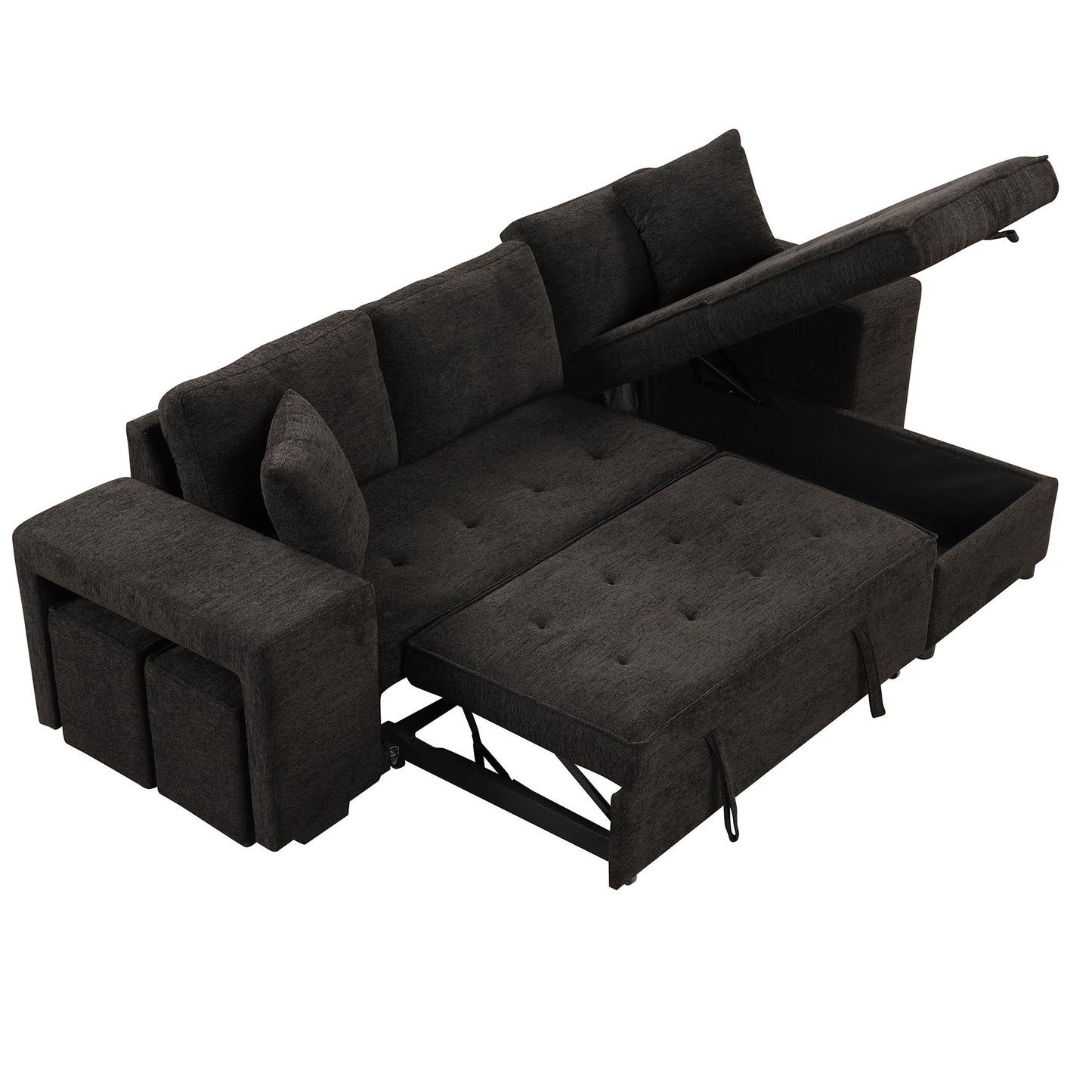 Modern L-Shape 3 Seat Reversible Sectional Couch, Pull Out Sleeper Sofa With Storage Chaise And 2 Stools For Living Room Furniture Set - Charcoal Gray