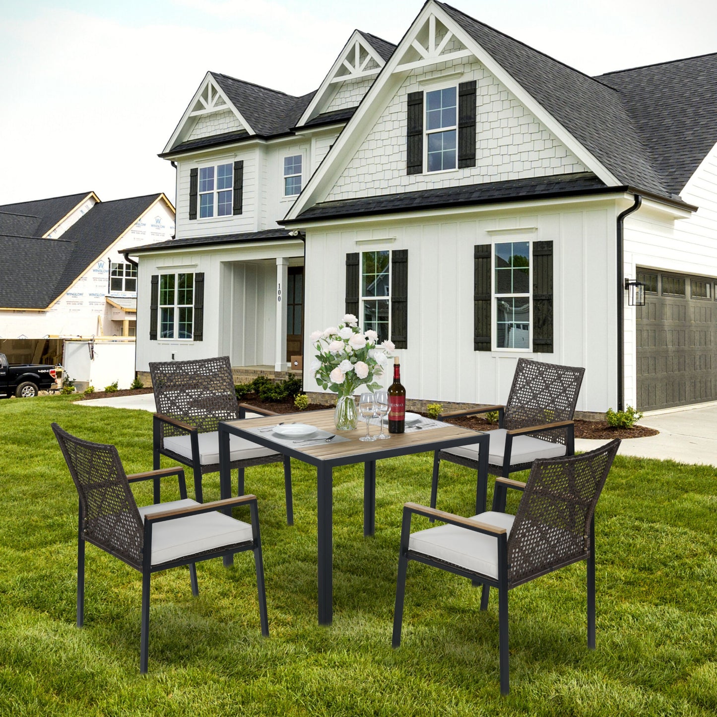 All Weather 5 Piece Patio Dining Table Set, Acacia Wood Table Top With Umbrella Hole, Rattan Outdoor - Coffee Brown
