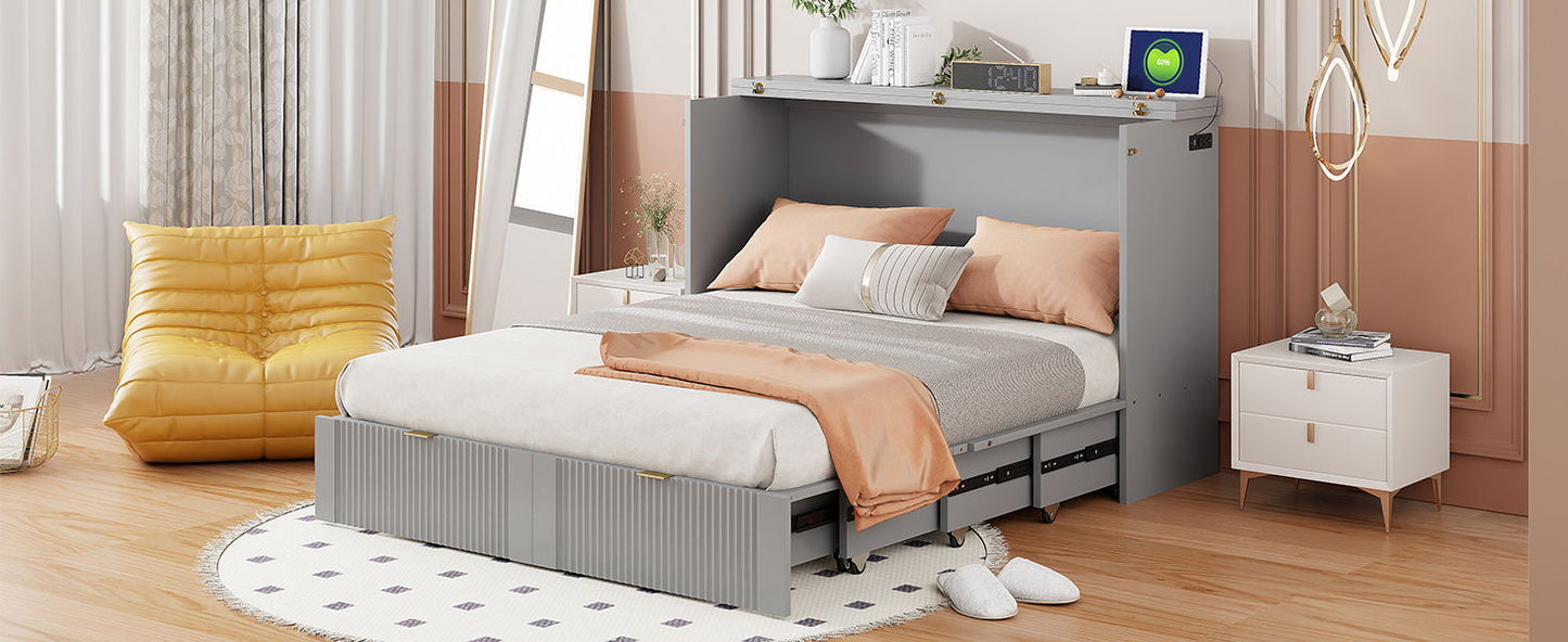 Full Size Murphy Bed With Drawer And A Set Of Sockets & USB Ports, Pulley Structure Design - Gray