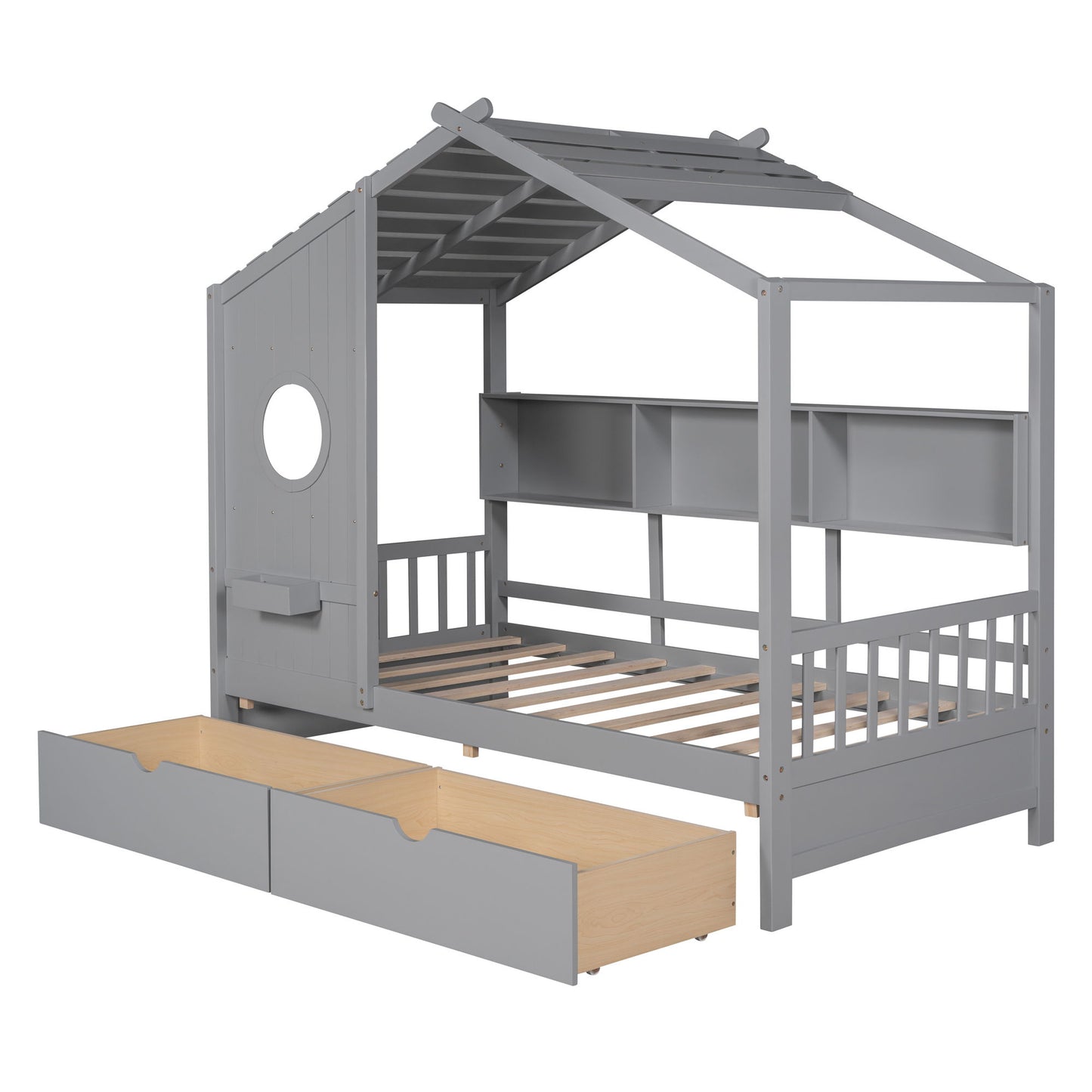 Twin Size House Bed With 2 Drawers, Kids Bed With Storage Shelf - Gray