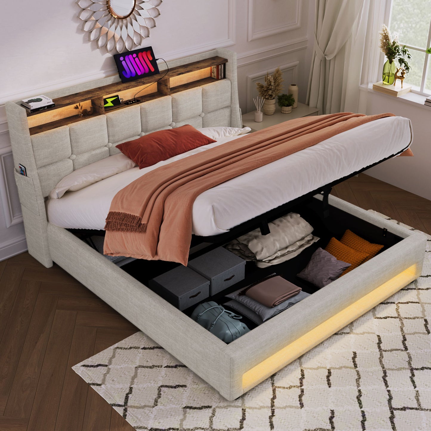 Full Size Upholstered Platform Bed With A Hydraulic Storage System, LED And USB Charging (Without Mattress) - Natural