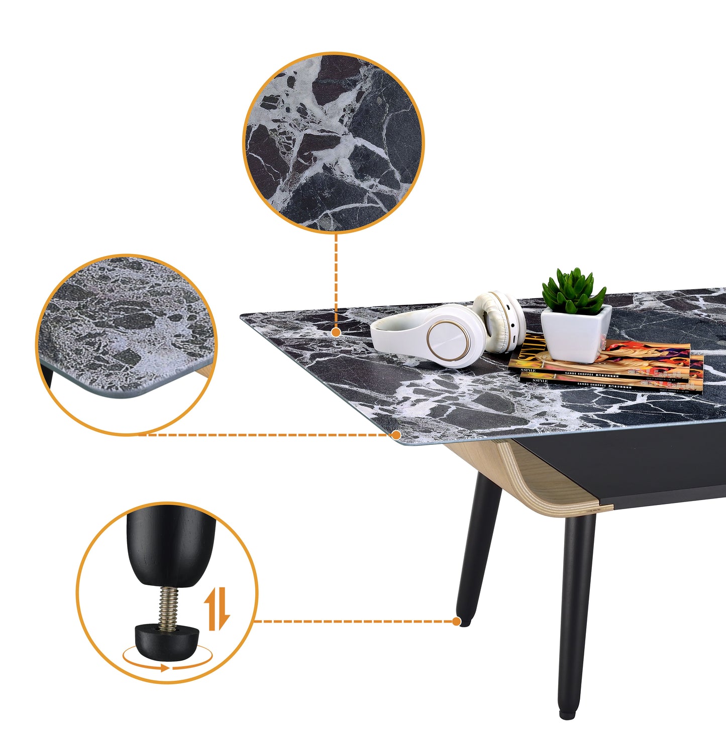 Landon - Table With Glass Black Marble Texture Top And Bent Wood Design - Coffee