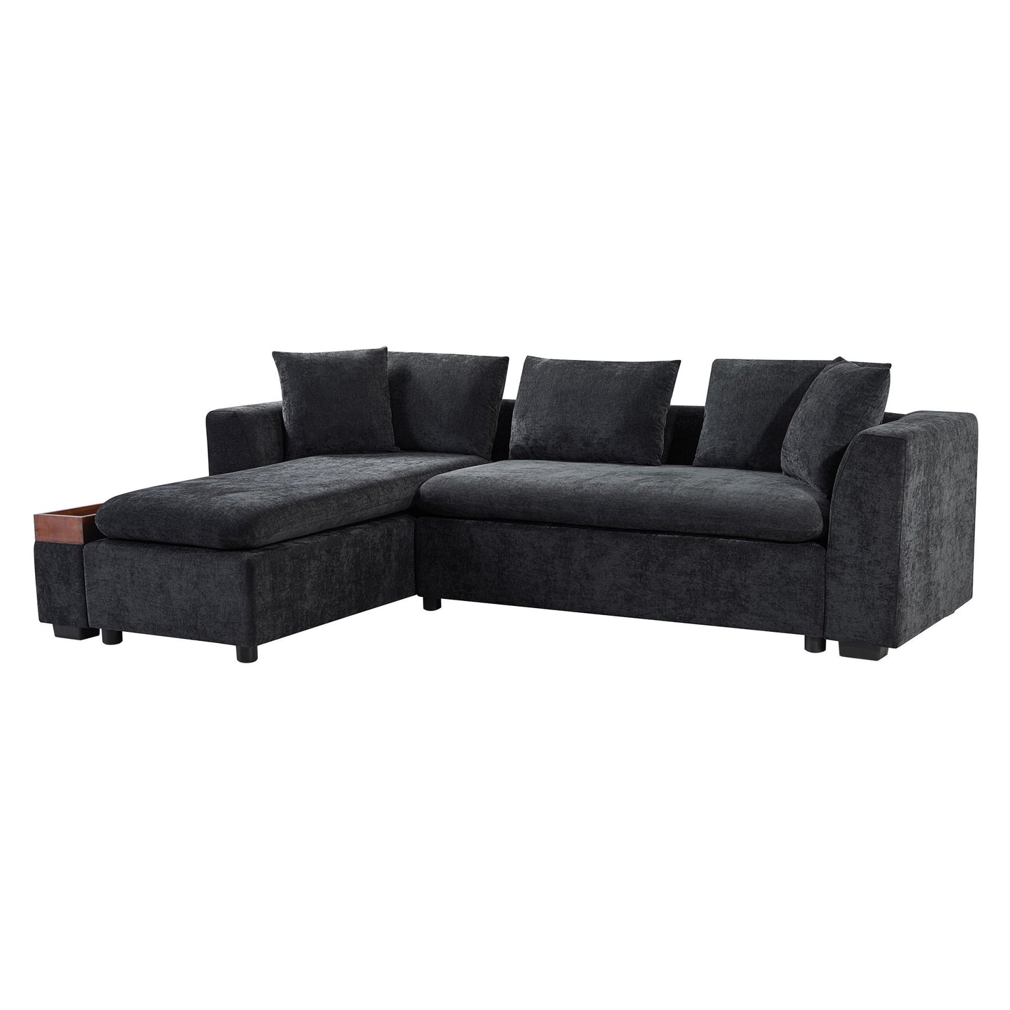 Modern L Shaped Sectional Sofa With Chenille Upholstery And Wooden Storage - Black