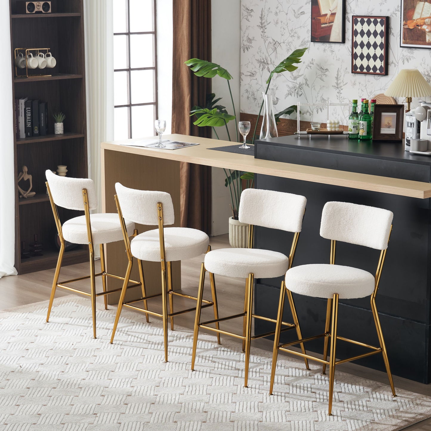 Modern Teddy Fabric Upholstered Bar Stools (Set of 2) - White / Gold