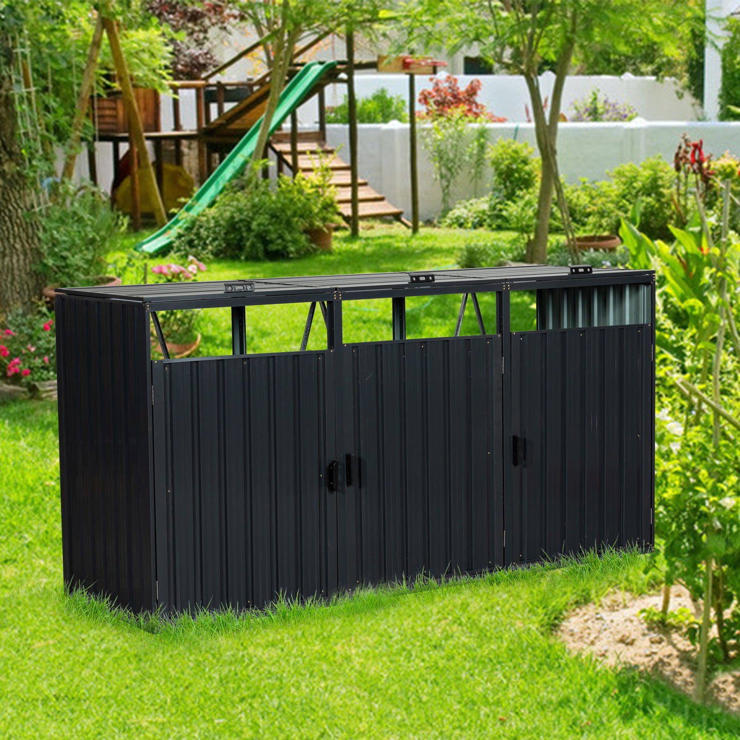 Garbage Bin Shed Stores 3 Trash Cans Metal Outdoor Bin Shed For Garbage Storage, Stainless Galvanized Steel, Bin Shed For Garden Yard Lawn W540S00009 - Charcoal