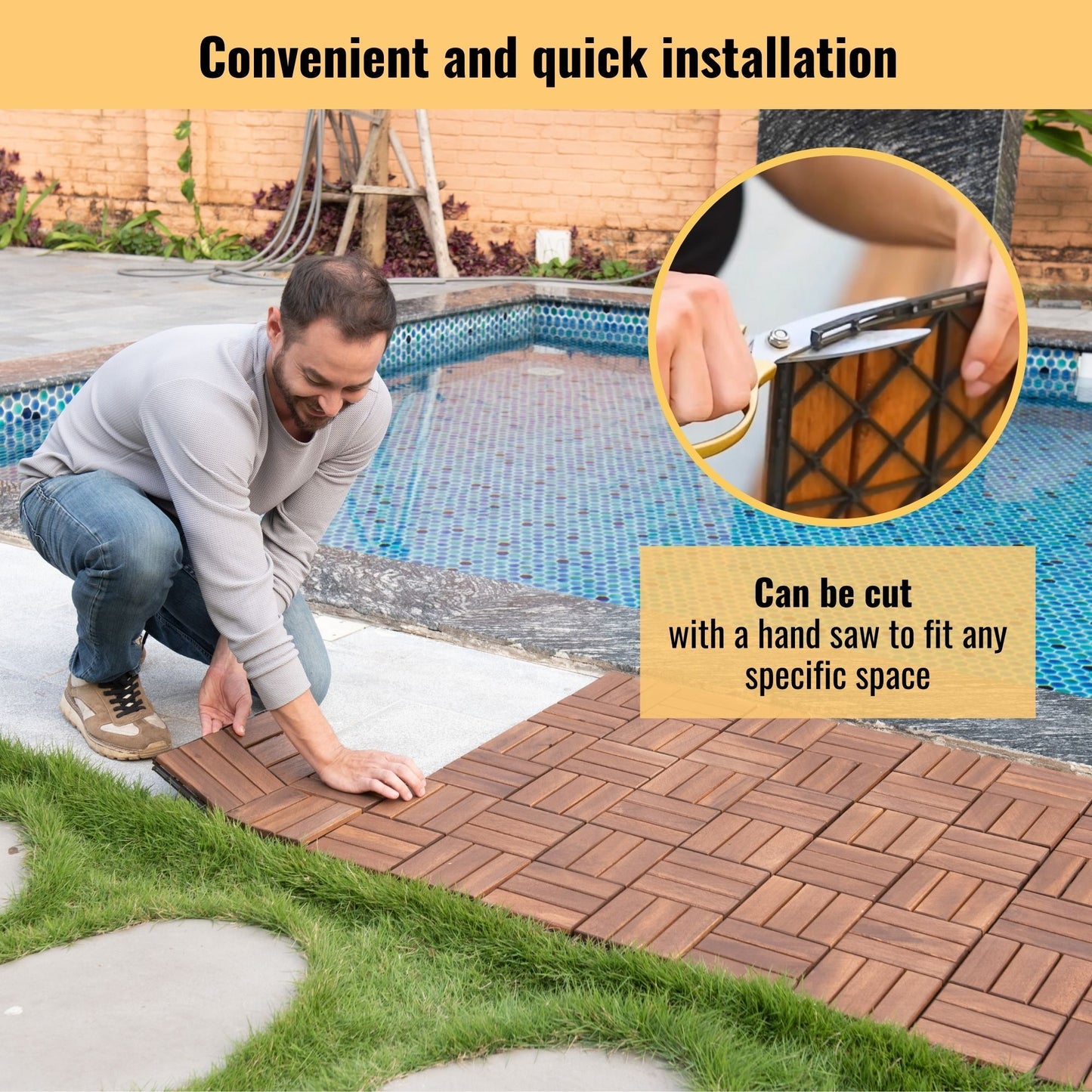 Acacia Wood Interlocking Deck Tiles Checker Pattern, 10 Piece Square Acacia Hardwood Outdoor Flooring For Patio, Bancony, Pool Side - Brown