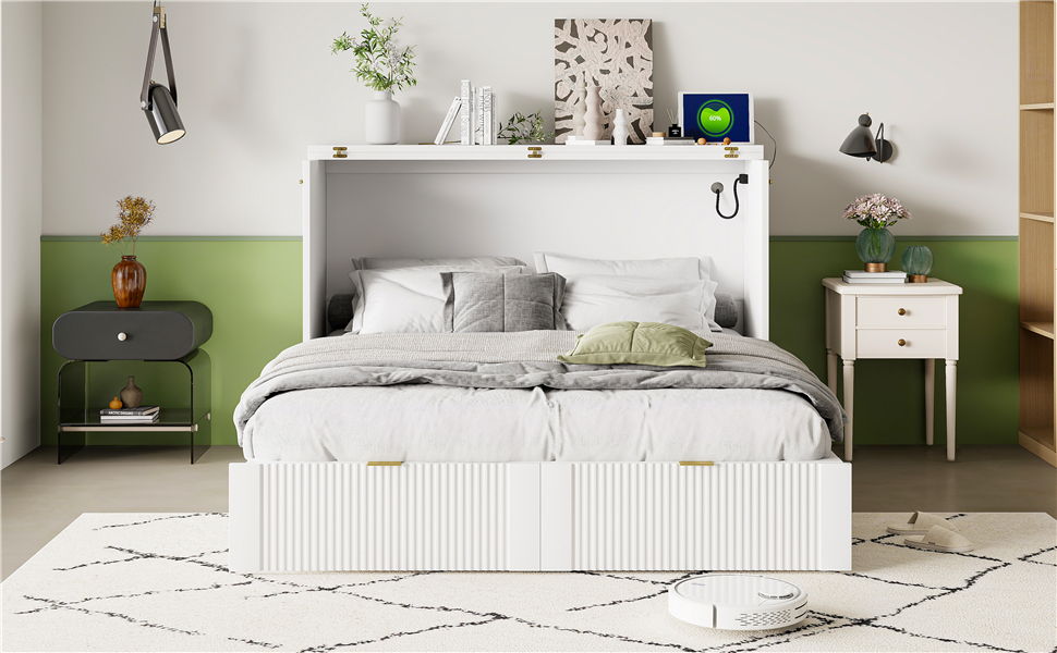 Full Size Murphy Bed With Drawer And A Set Of Sockets & USB Ports, Pulley Structure Design - White