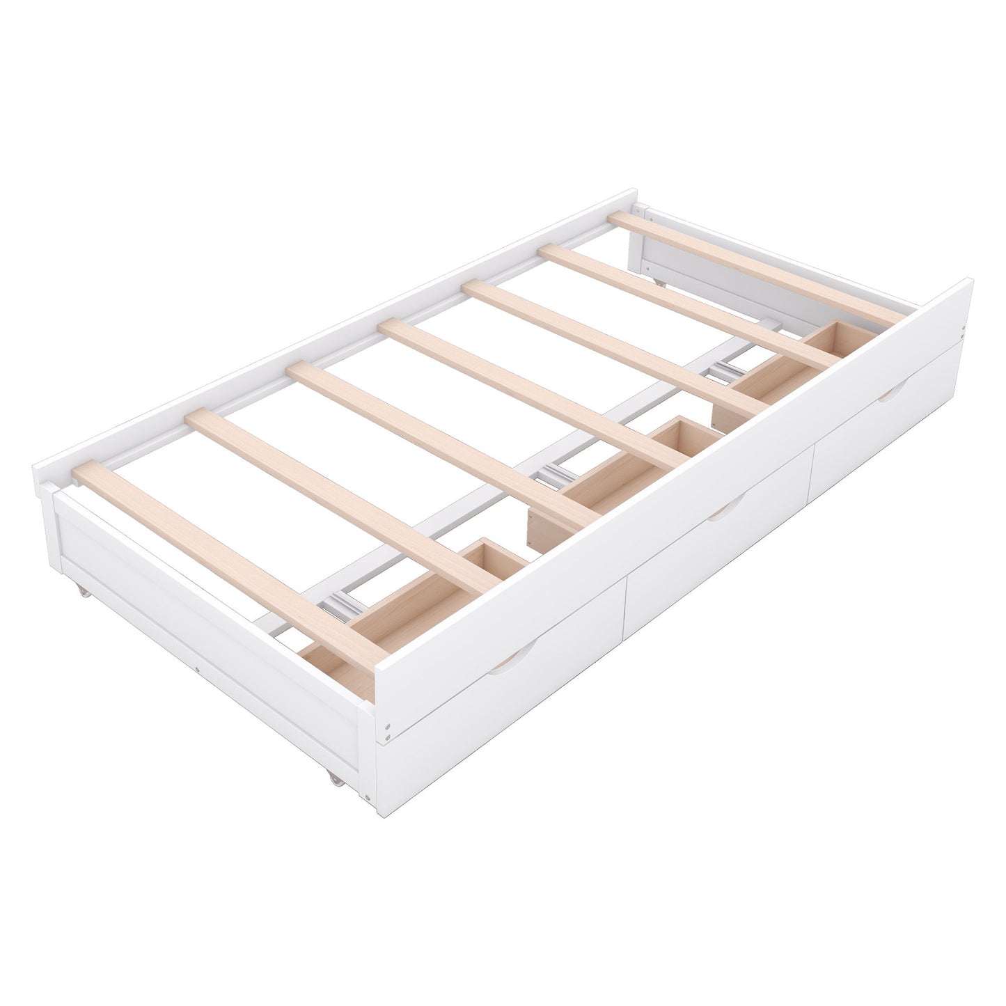 Twin Size LED Platform Bed With Trundle With Storage Headboard With Drawers - White