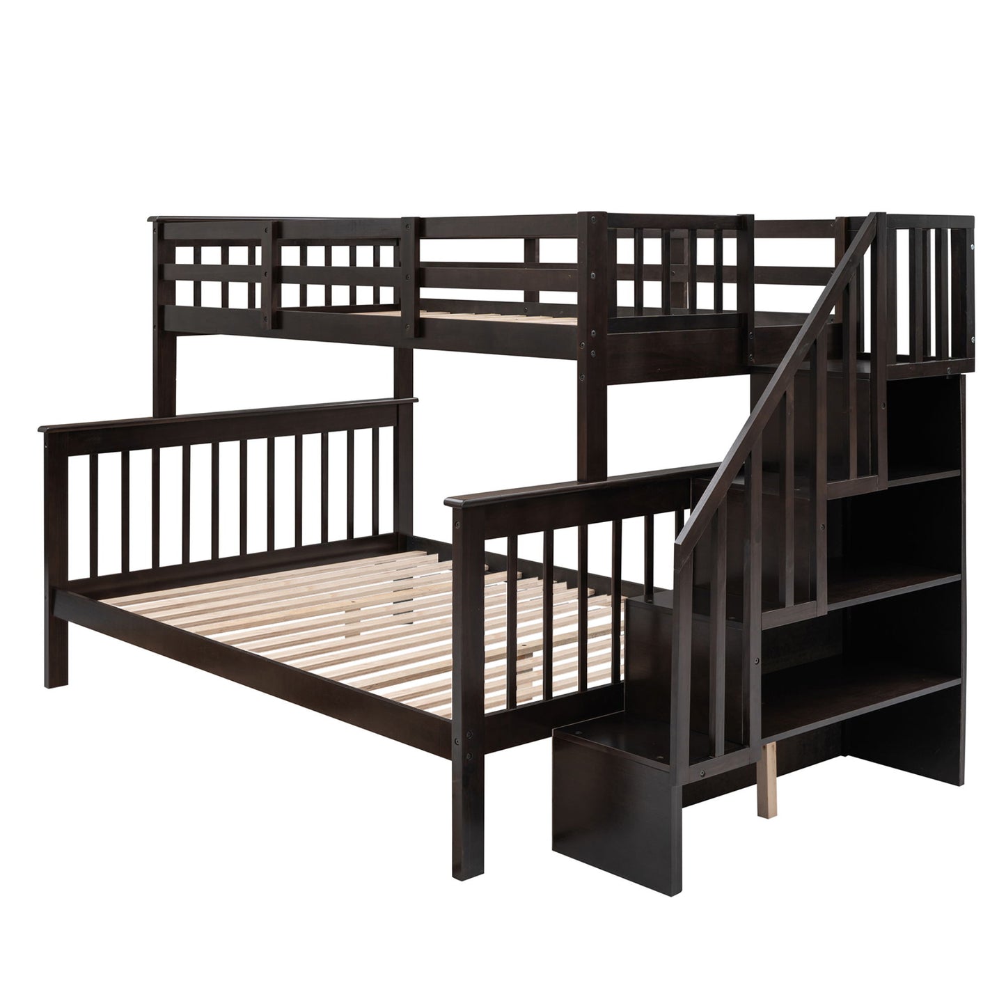 Stairway Twin Over Full Bunk Bed With Storage And Guard Rail For Bedroom - Espresso