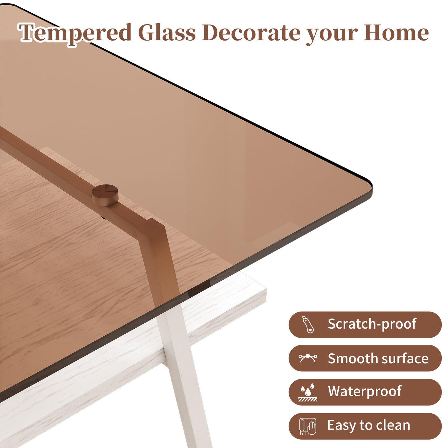 Rectangle Coffee Table, Tempered Glass Tabletop With White Metal Legs, Modern Table For Living Room - Brown / White