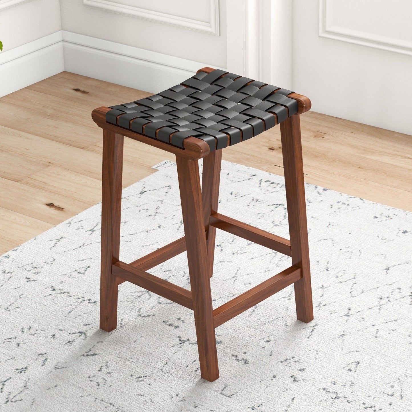 James - Mid-Century Modern Genuine Leather Counter Stool - Black / Brown