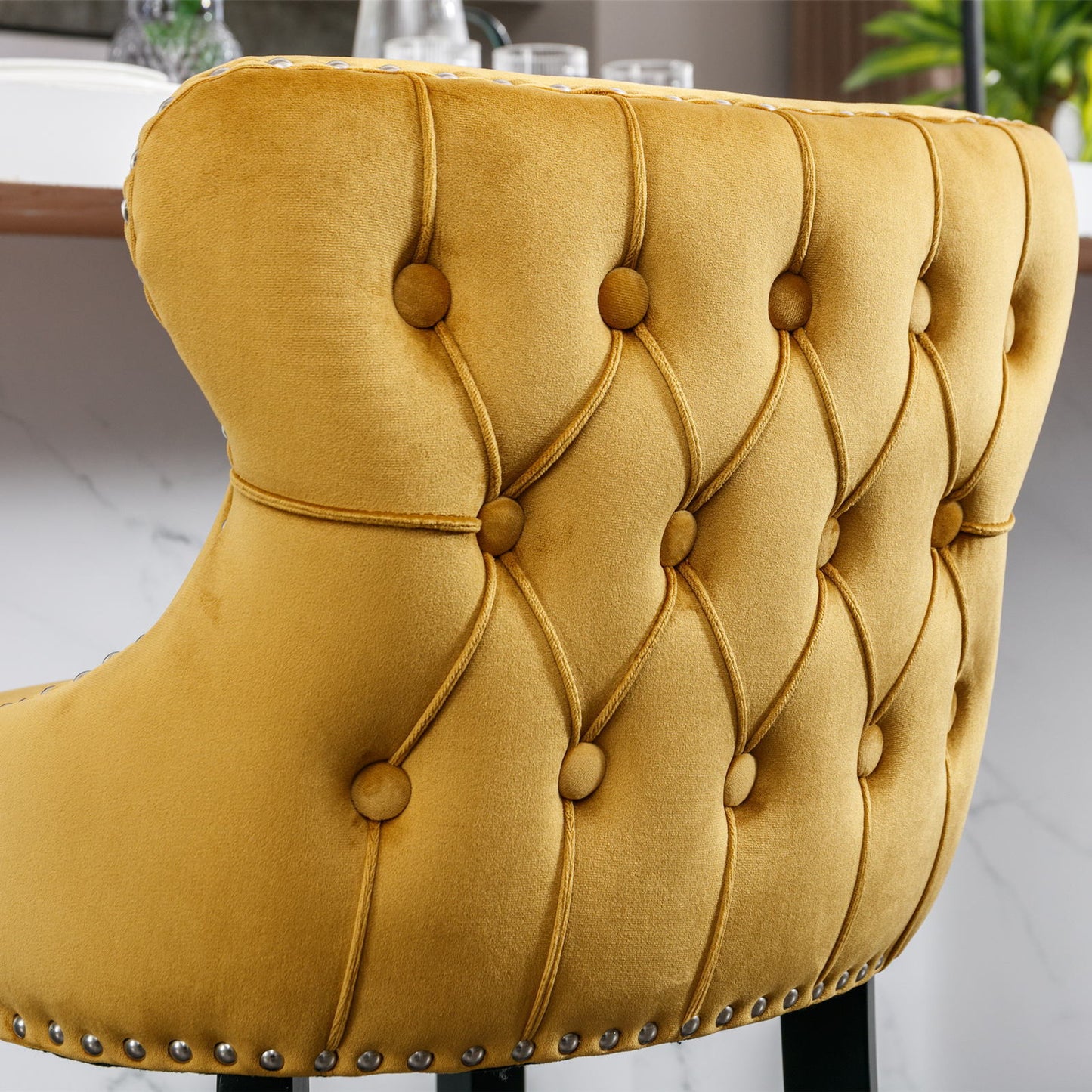 Contemporary Velvet Upholstered Wing-Back Barstools With Button Tufted Decoration And Wooden Legs, And Chrome Nailhead Trim, Leisure Style Bar Chairs, Bar Stools (Set of 4) - Gold