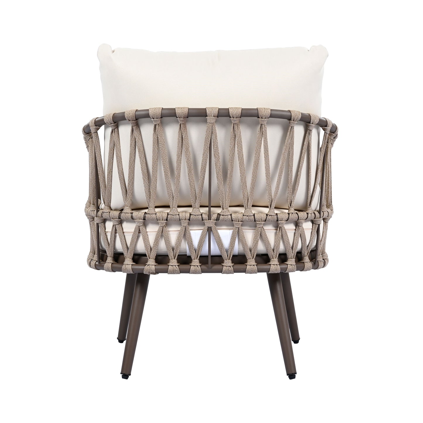 4 Piece Outdoor Patio Furniture Set, Metal Chairs With Woven Rope U Shaped Backrest, Outdoor Conversation Set With Thick Cushions And Coffee Table For Garden, Poolside, Balcony - Brown / Beige