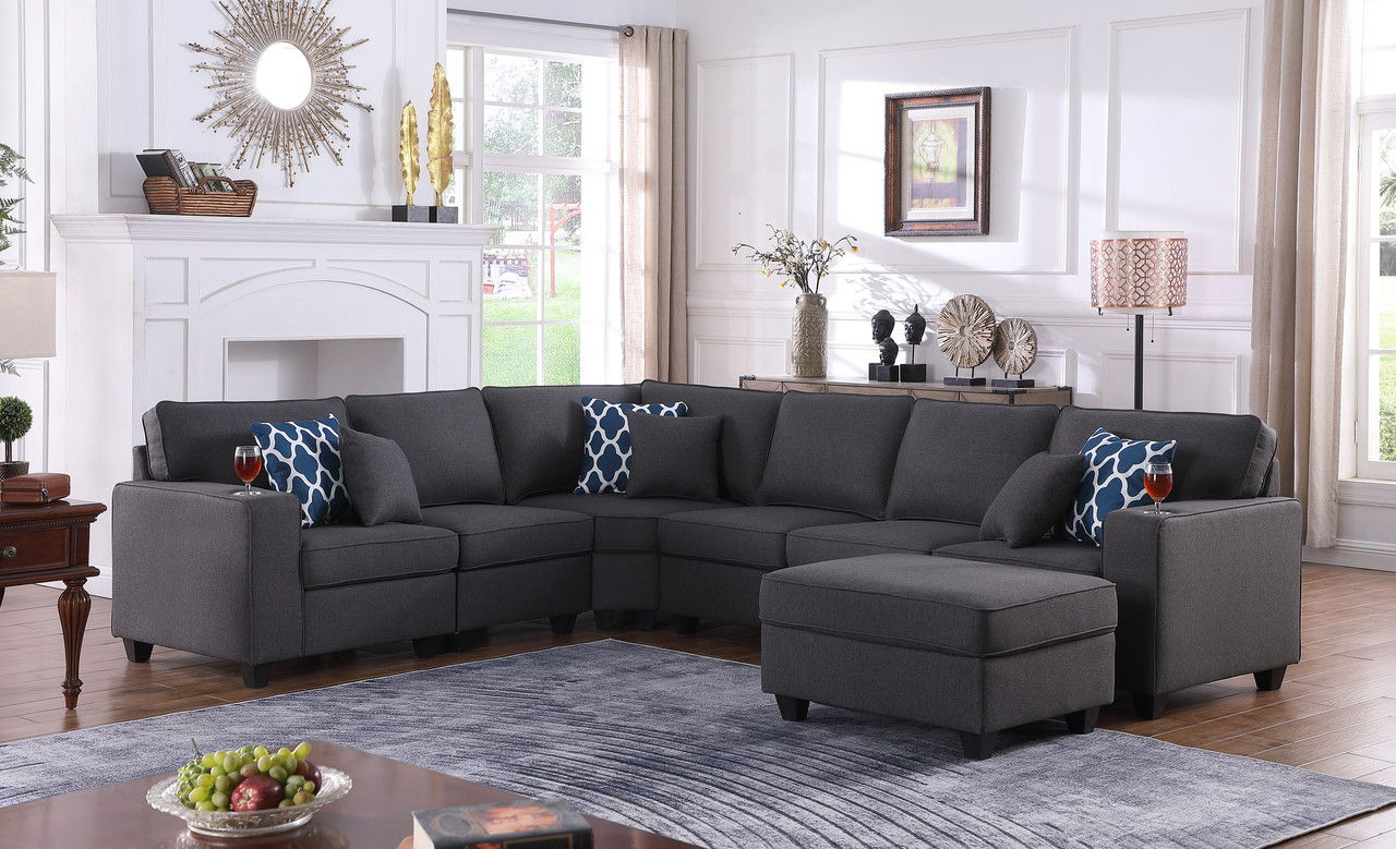 Cooper - 7 Piece Reversible L-Shape Sectional Sofa & Comfort Ottoman, And Cupholder - Dark Gray