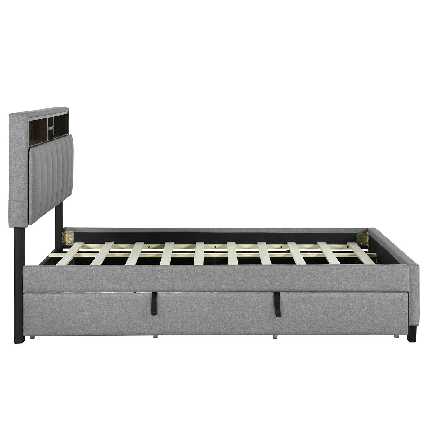 Full Size Upholstered Platform Bed With Storage Headboard, Twin Size Trundle & 2 Drawers And A Set Of Sockets & USB Ports - Gray