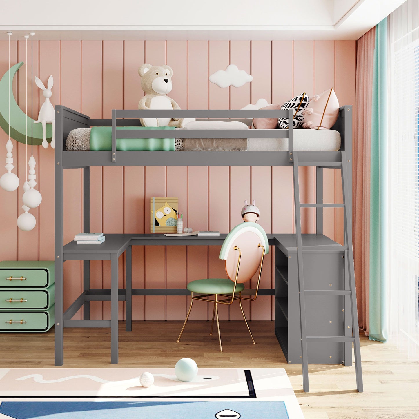 Full Size Loft Bed With Shelves With Desk - Gray