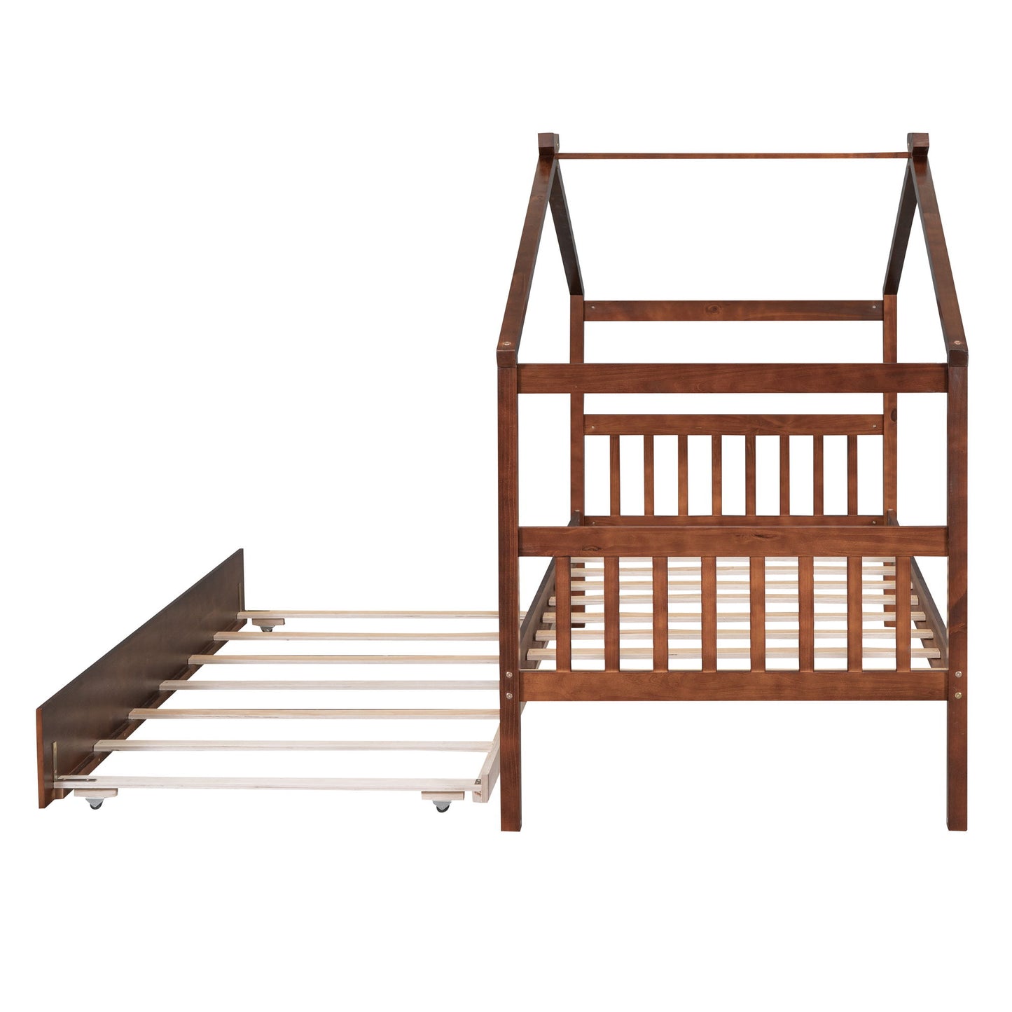 Twin Size House Bed With Twin Size Trundle - Walnut