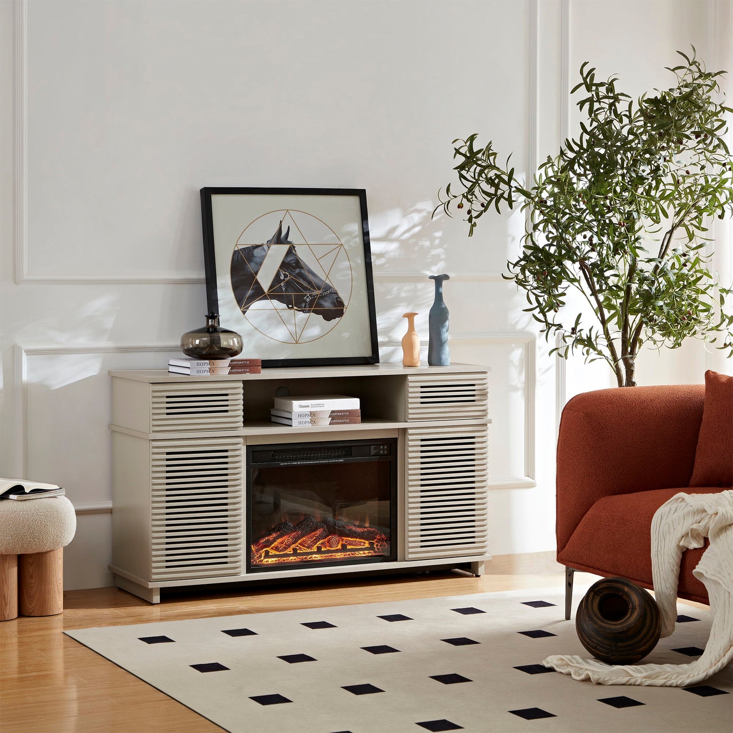 Modern Solid Wood Cabinet With Adjustable Shelves And Remote-Controlled Fireplace - Light Gray