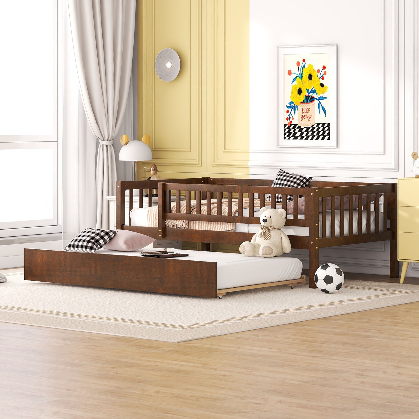 Twin Size Daybed With Trundle And Fence Guardrails - Walnut