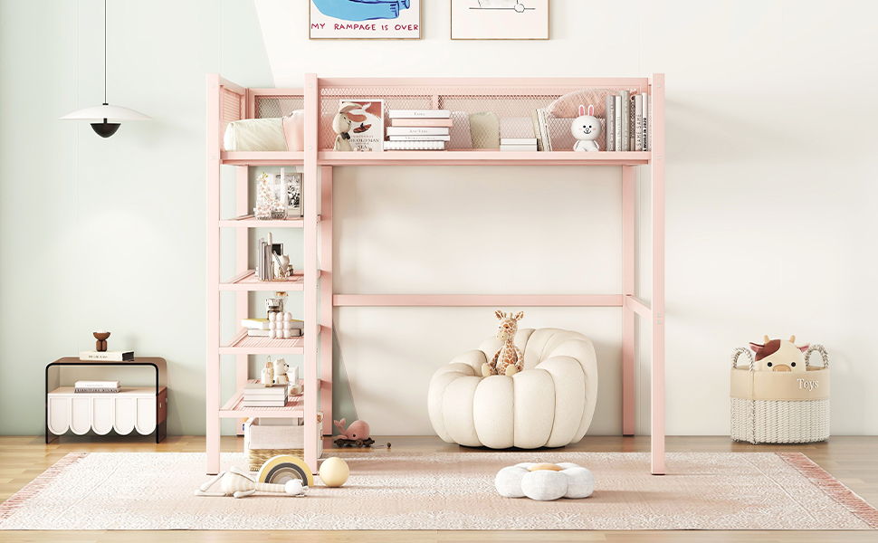Full Size Loft Bed With 4 Tier Shelves And Storage - Pink