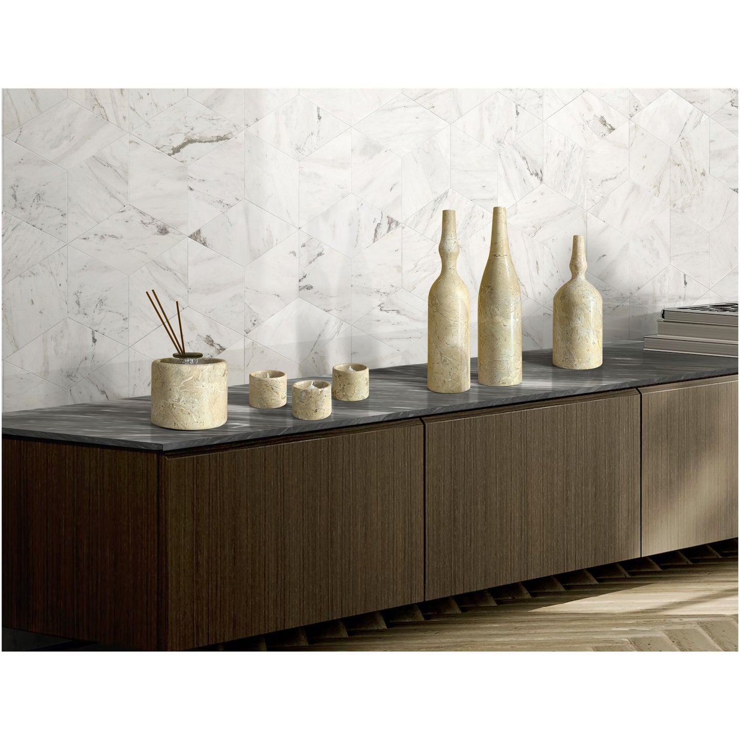 Luxury Natural Marble Living Room Accessories Set, Genuine Marble, 7 Pieces - Glod Yellow Beige