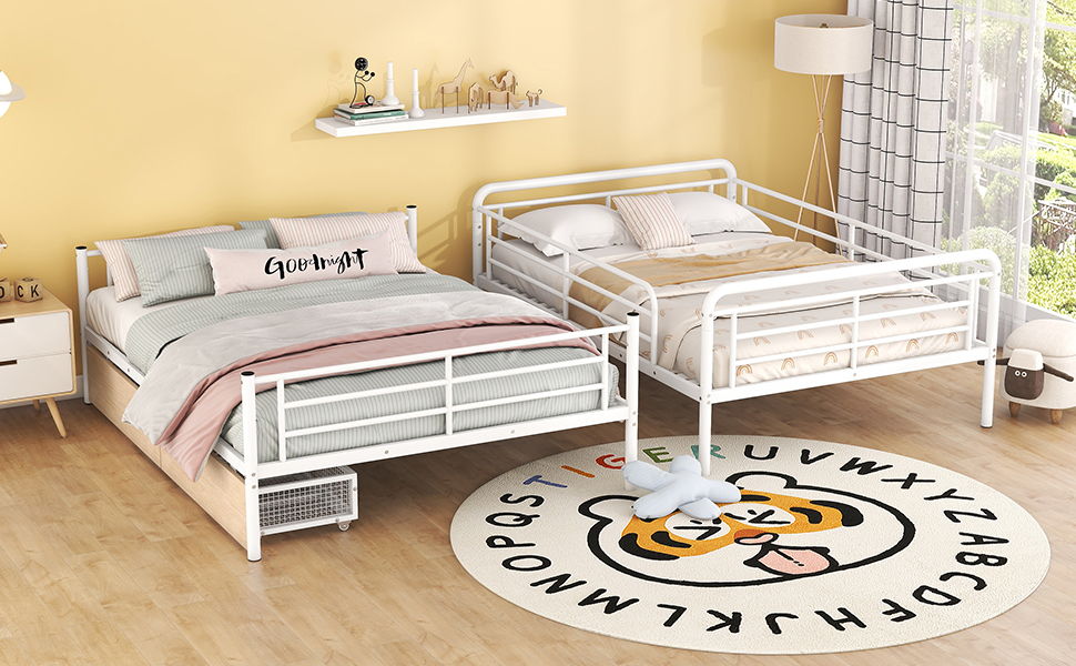 Full Long Over Queen Bunk Bed With 2 Drawers - White