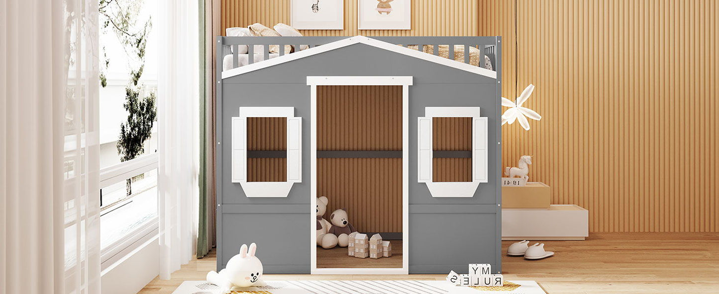 Full Size House Loft Bed With Ladder - Gray / White