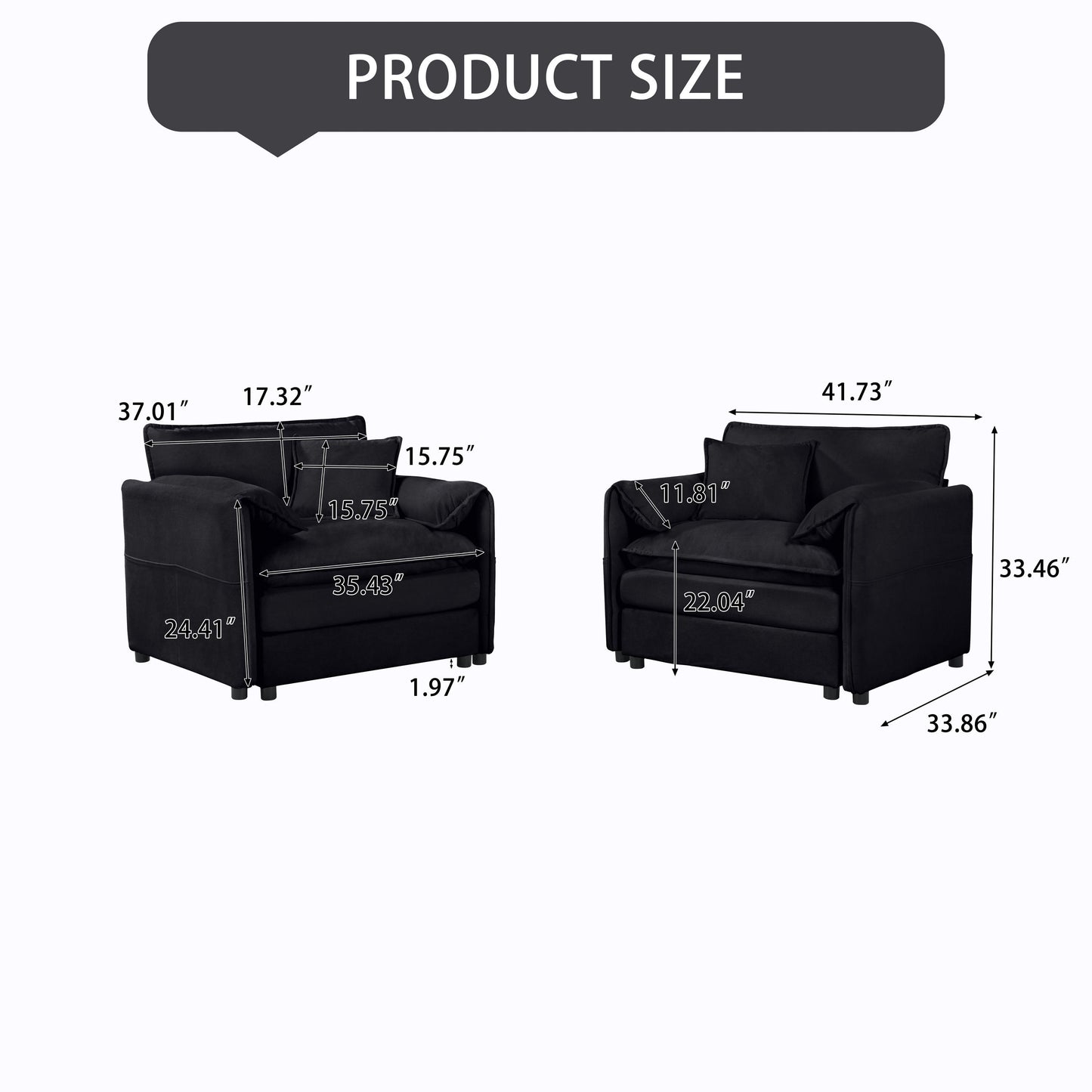 Modern Oversized Chenille Accent Chair, Comfy Single Sofa Chair, Large Seat (Set of 2) - Black