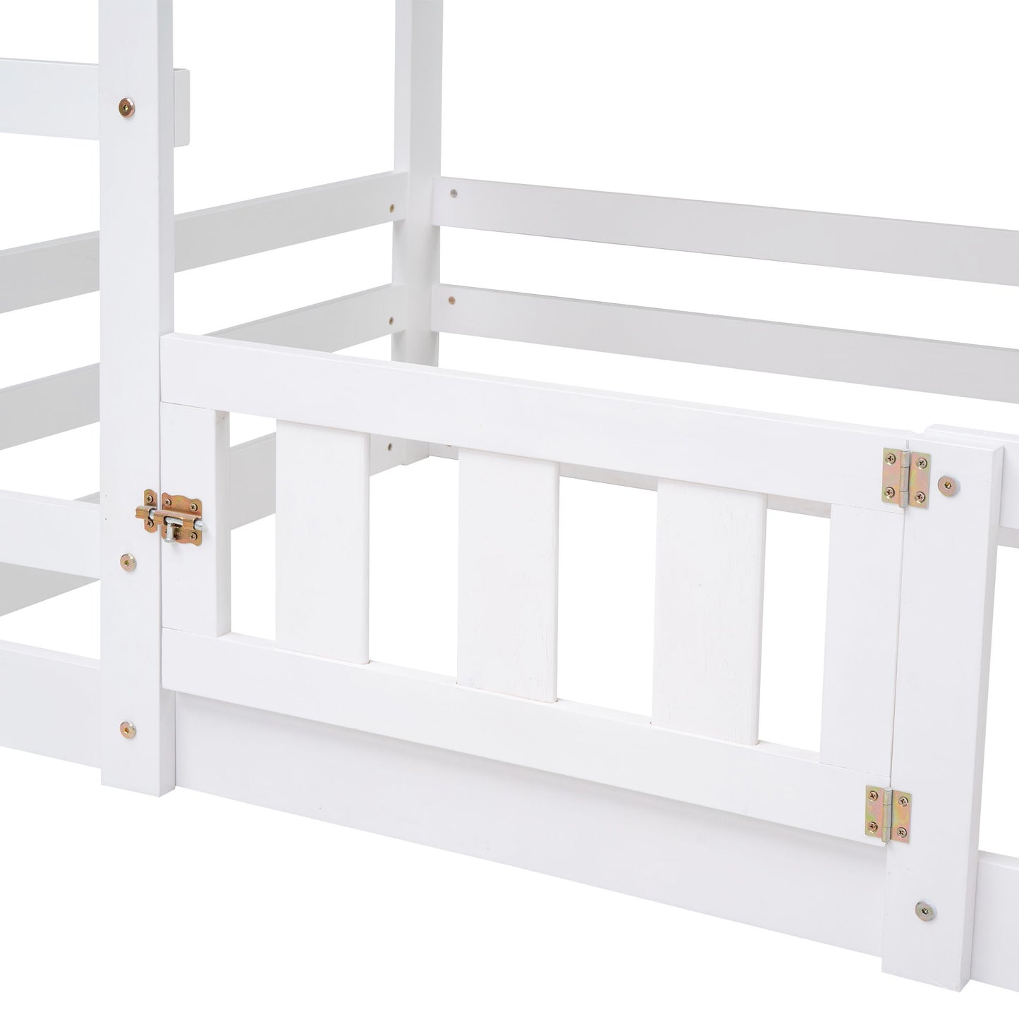 Twin Over Twin House Bunk Bed With Fence And Door - White