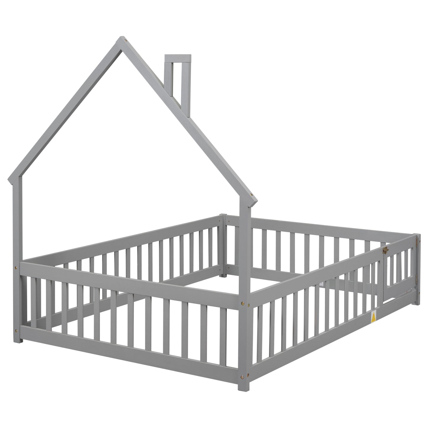 Full House-Shaped Headboard Floor Bed With Fence - Gray