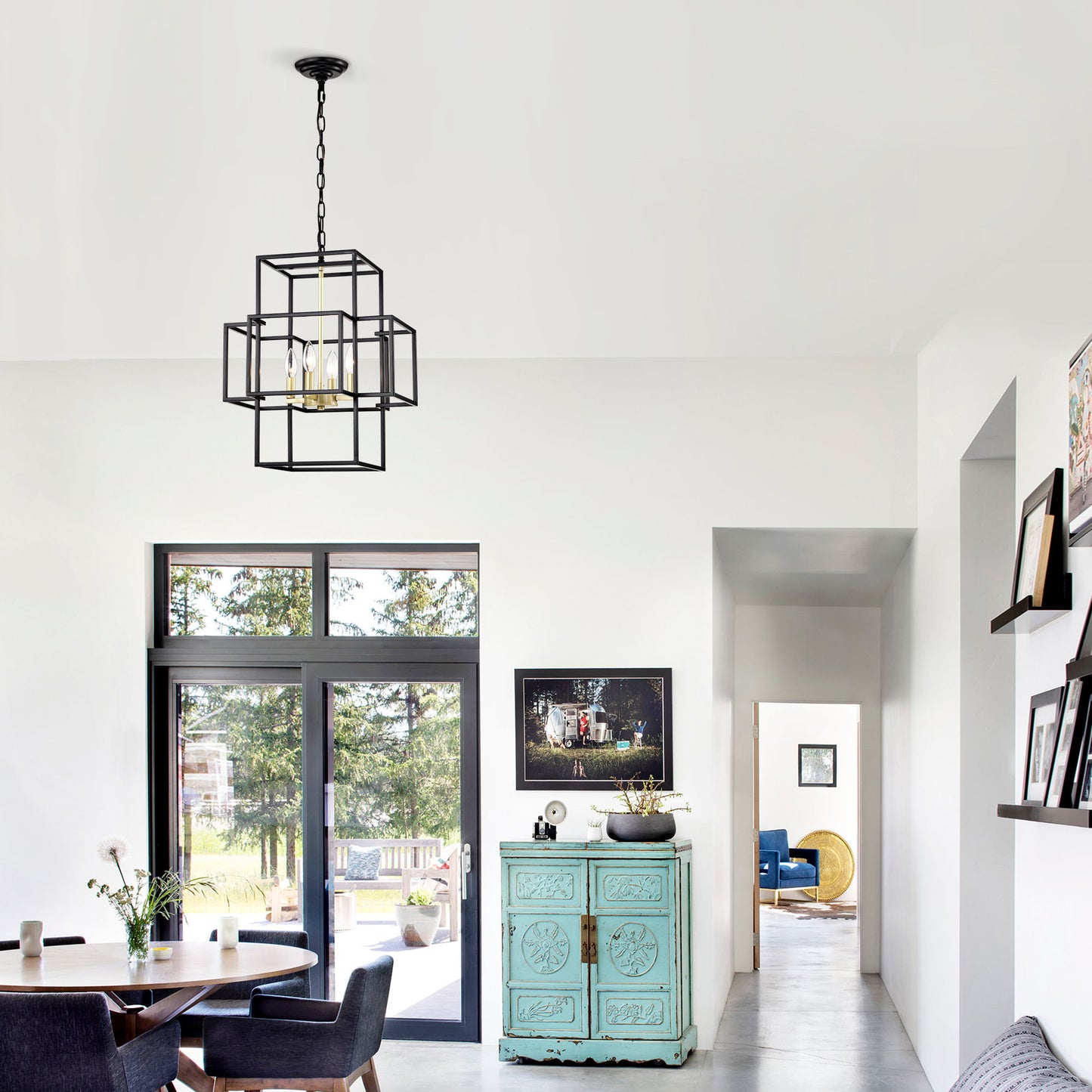 4 Light Metal Lantern Tiered Pendant Hanging Light Fixtures, Industrial Farmhouse Adjustable Height Chandeliers For Dining Room Hallway Foyer Entryway (E12 Bulbs Not Included) - Matte Black / Gold