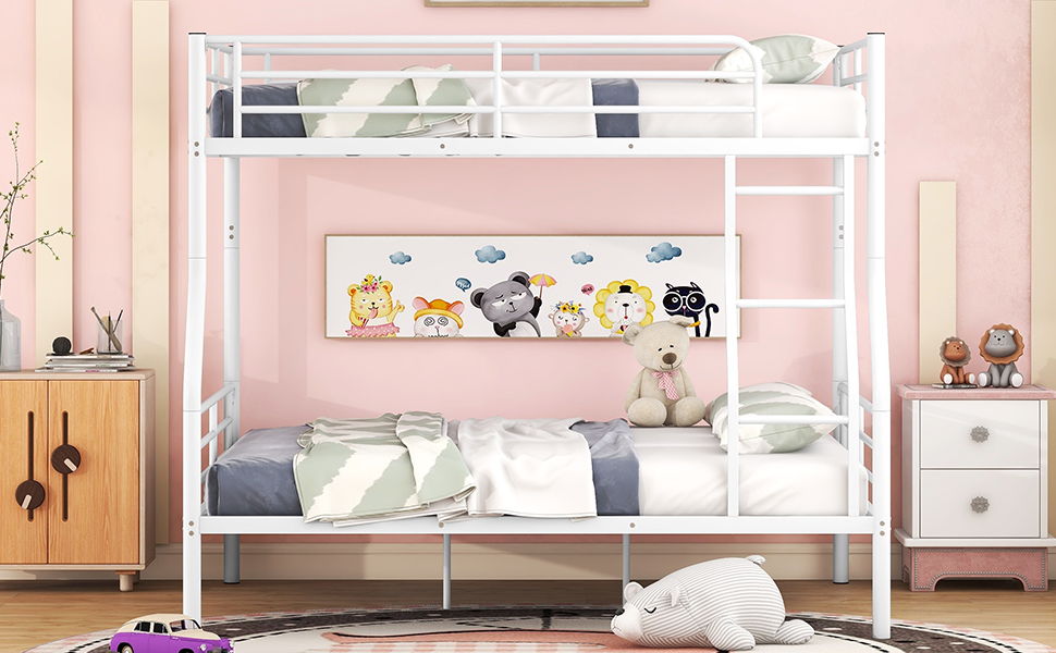 Full Long Over Queen Metal Bunk Bed - White