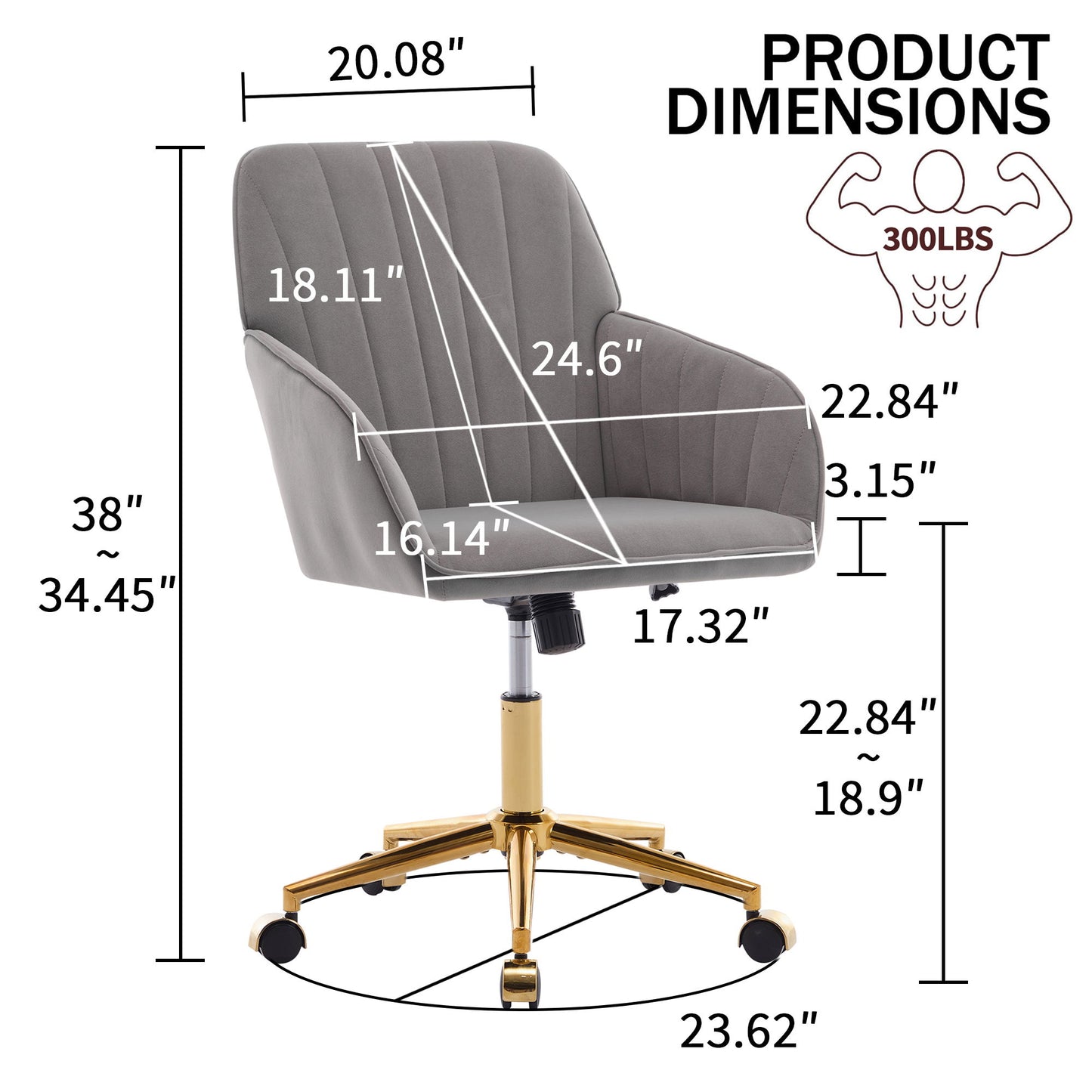 Adjustable Office Chair, Ergonomic Swivel Chair Velvet, Comfortable For Long Sitting - Gray