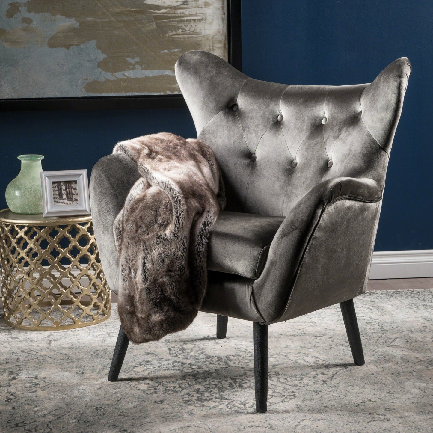 Modern Velvet Arm Chair With Tufted Wingback Design - Gray