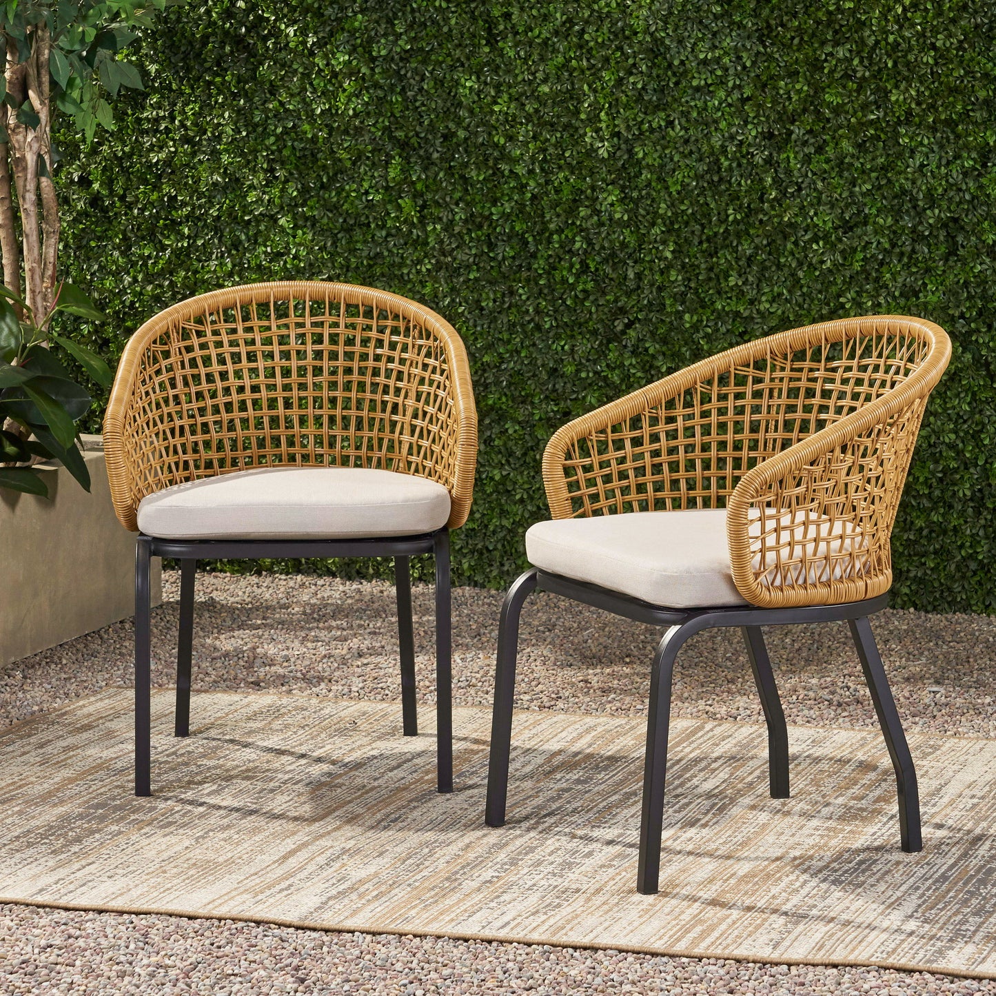 Outdoor Wicker Chair With Powder Coated Iron Legs - Light Brown