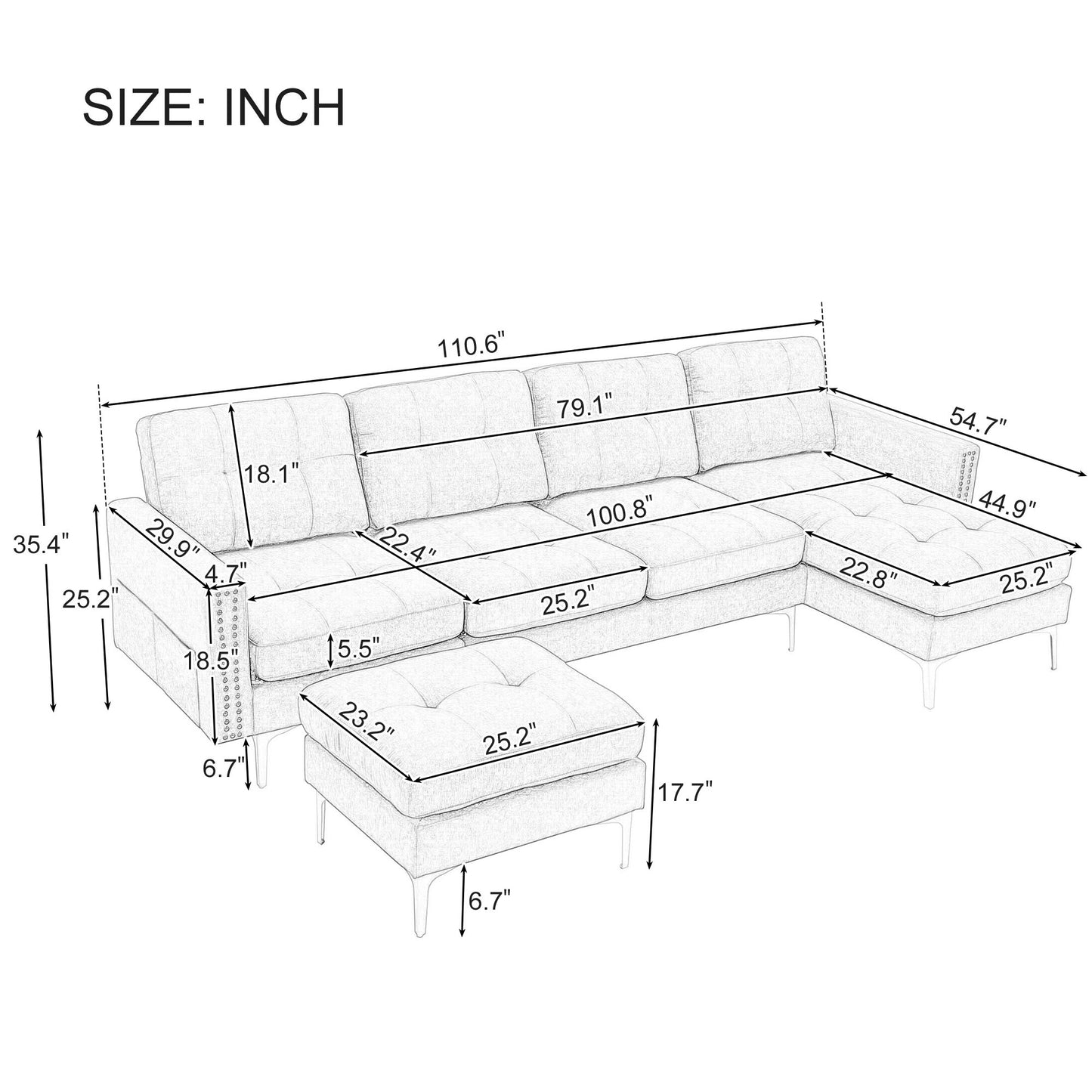 Convertible Sectional Sofa Couch With Movable Ottoman - Light Gray