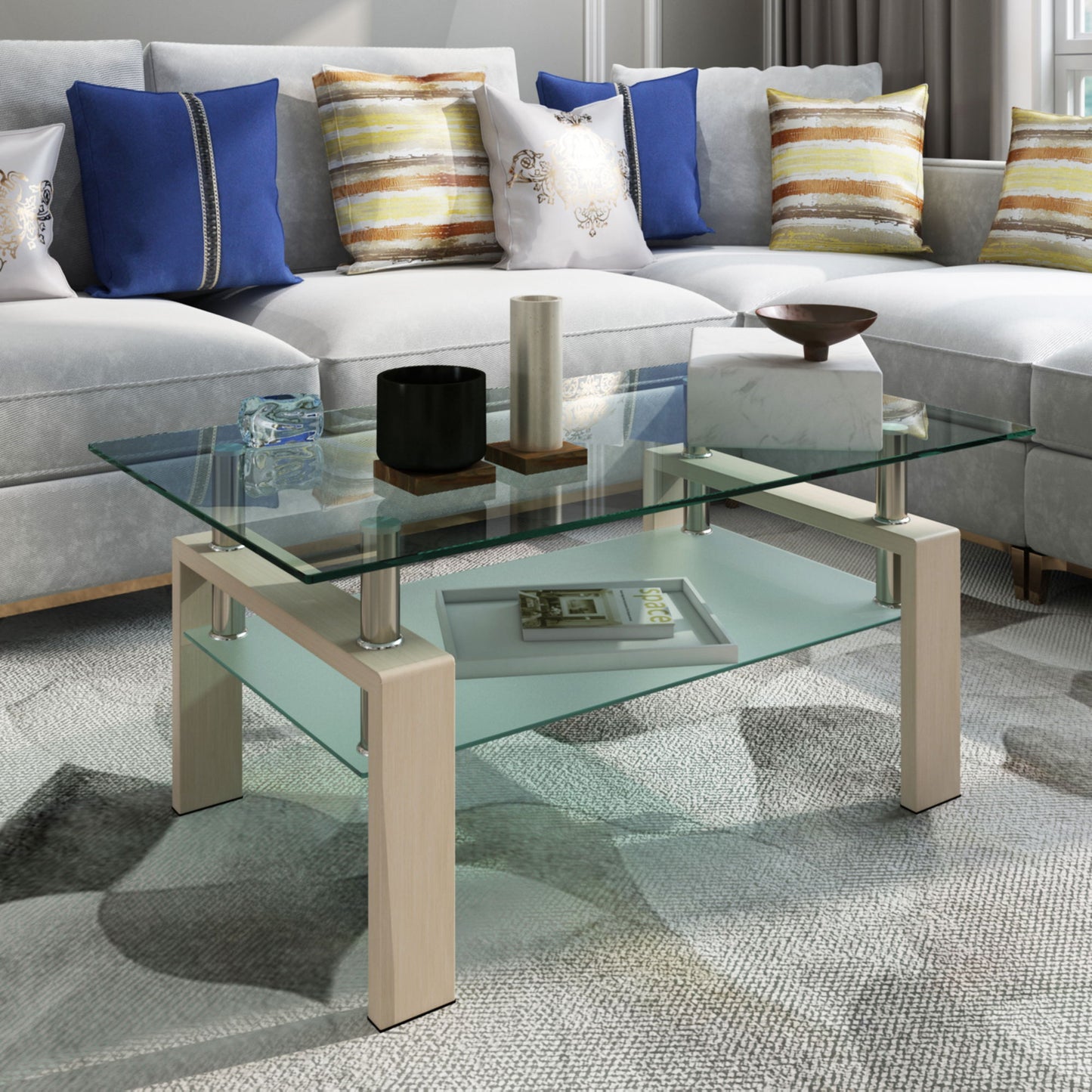 Rectangle Glass Coffee Table Modern Side Center Table For Living Room - Clear
