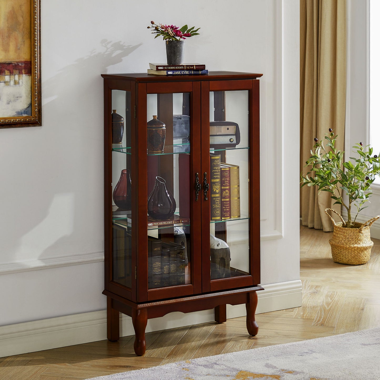Curio Cabinet Lighted Curio Diapaly Cabinet With Adjustable Shelves And Mirrored Back Panel, Tempered Glass Doors 3 Tier, (E26 Light Bulb Not Included) - Cherry