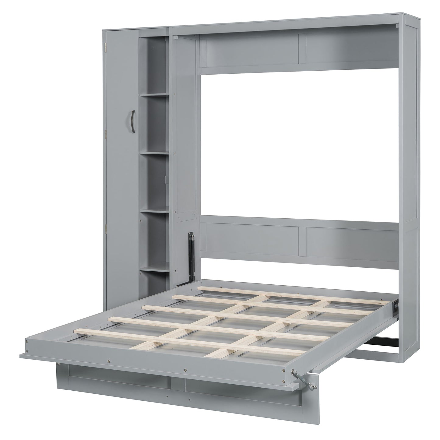 Full Size Murphy Wall Bed With Shelves, Wardrobe And LED Lights - Gray